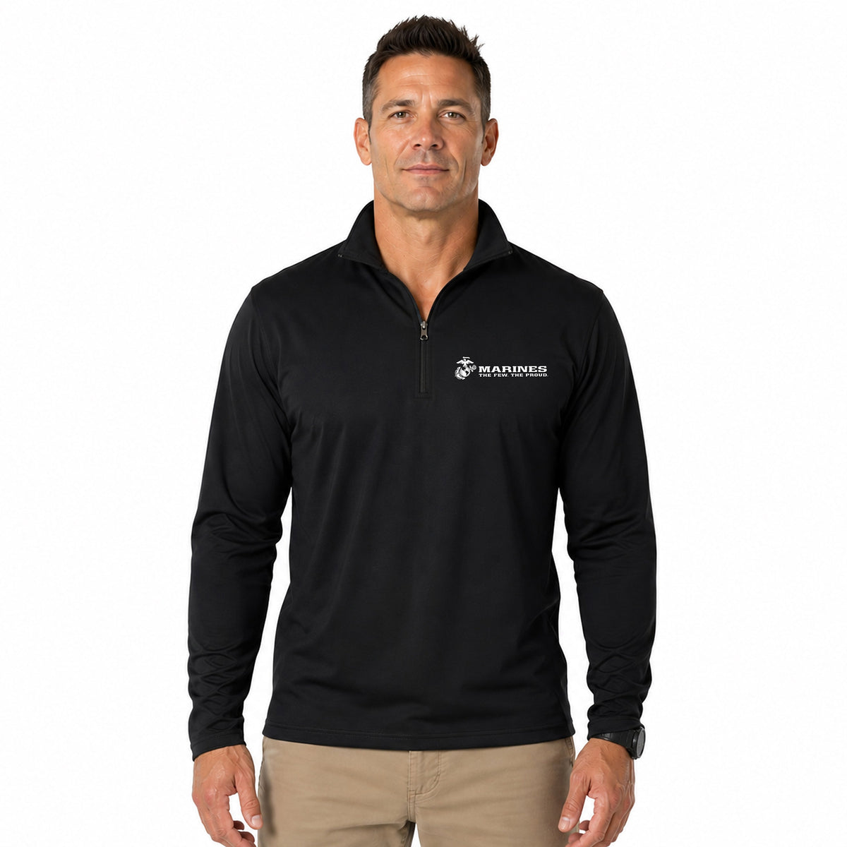 Model wearing Black Marines The Few The Proud performance quarter-zip pullover with white Eagle Globe and Anchor chest graphic