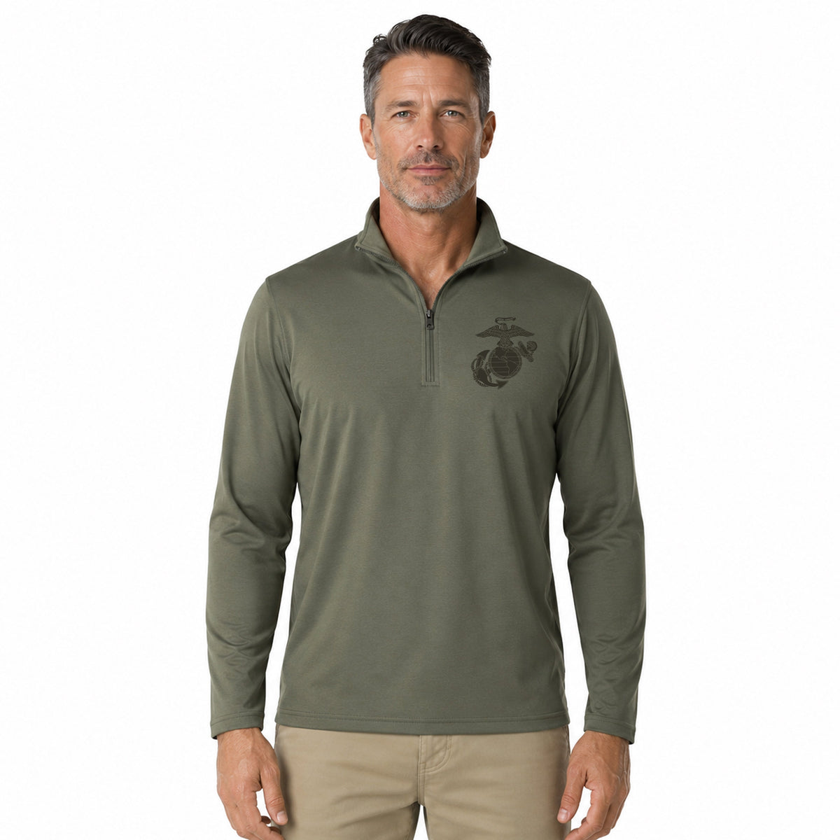 model wearing OD Green Vintage Marine Chest Seal performance quarter-zip pullover with OD Green Eagle Globe and Anchor chest graphic for a monochromatic look