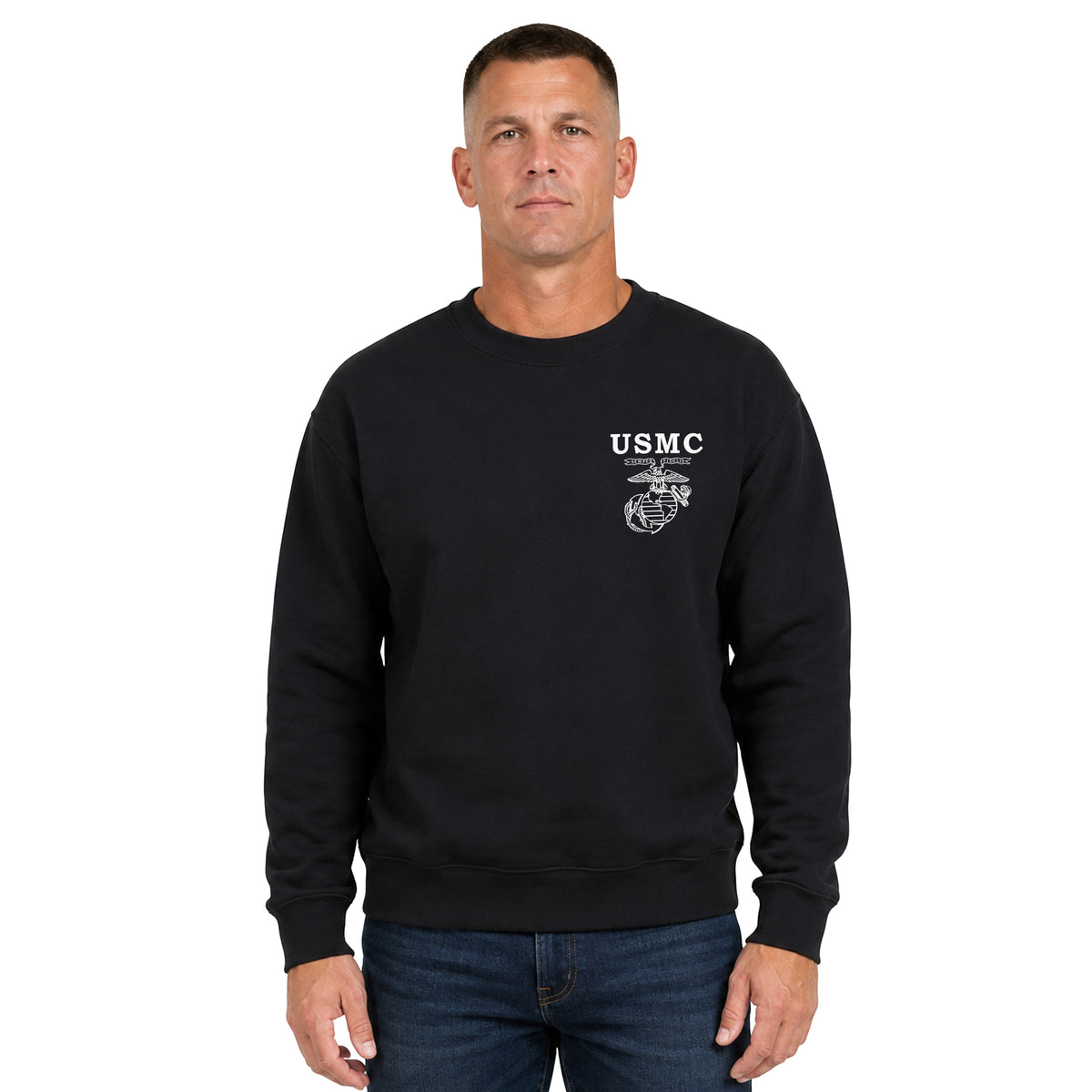 Model wearing Black USMC sweatshirt with Old School EGA Chest seal. 