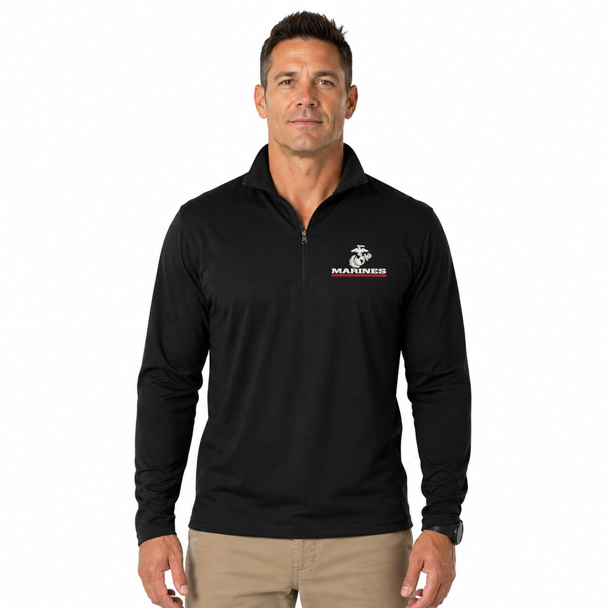 model wearing Black Marines Red Line EGA performance quarter-zip pullover with raised silicone Eagle Globe and Anchor chest patch
