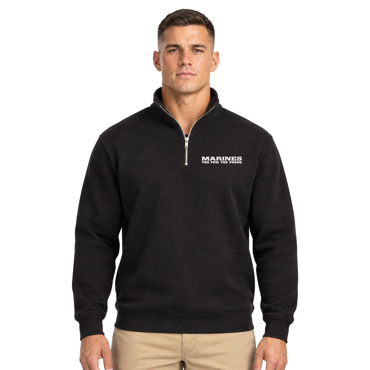Model Wearing Black Marines The Few The Proud silicone patch midweight quarter-zip pullover