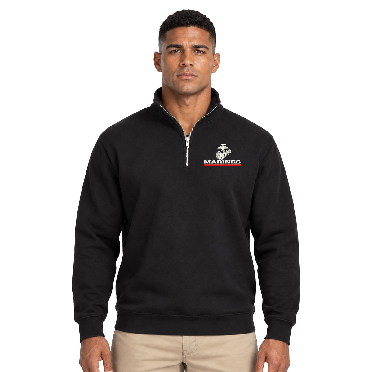 Model Wearing Black Marines Red Line EGA silicone patch midweight quarter-zip pullover