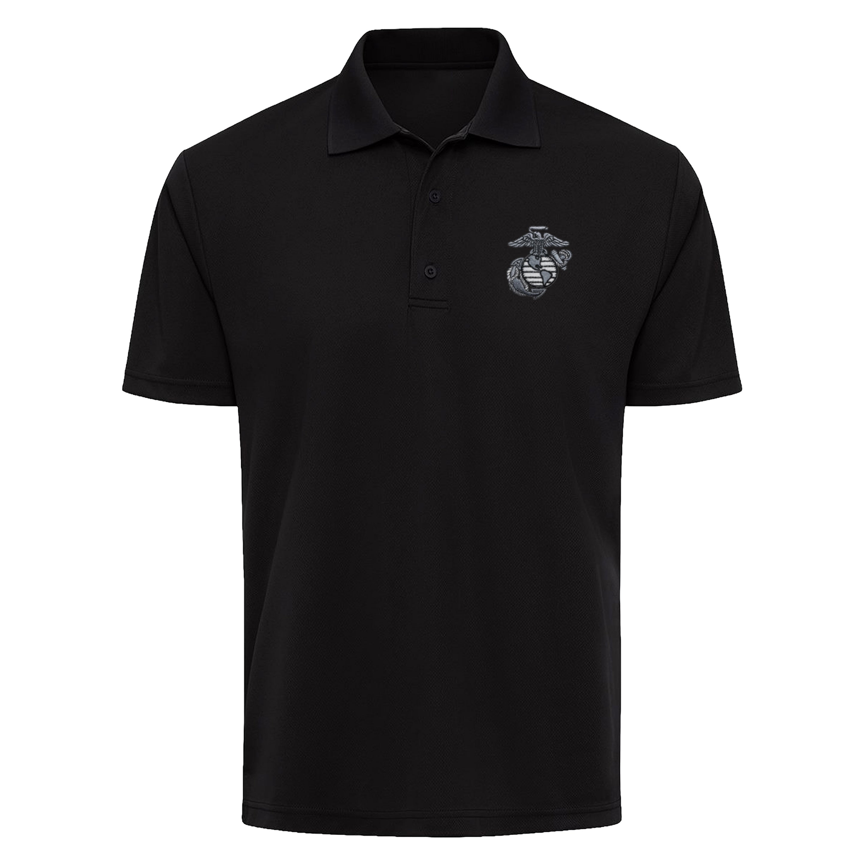 Black Marines performance polo with a charcoal and gray embroidered Eagle, Globe & Anchor on the left chest. USMC Polo