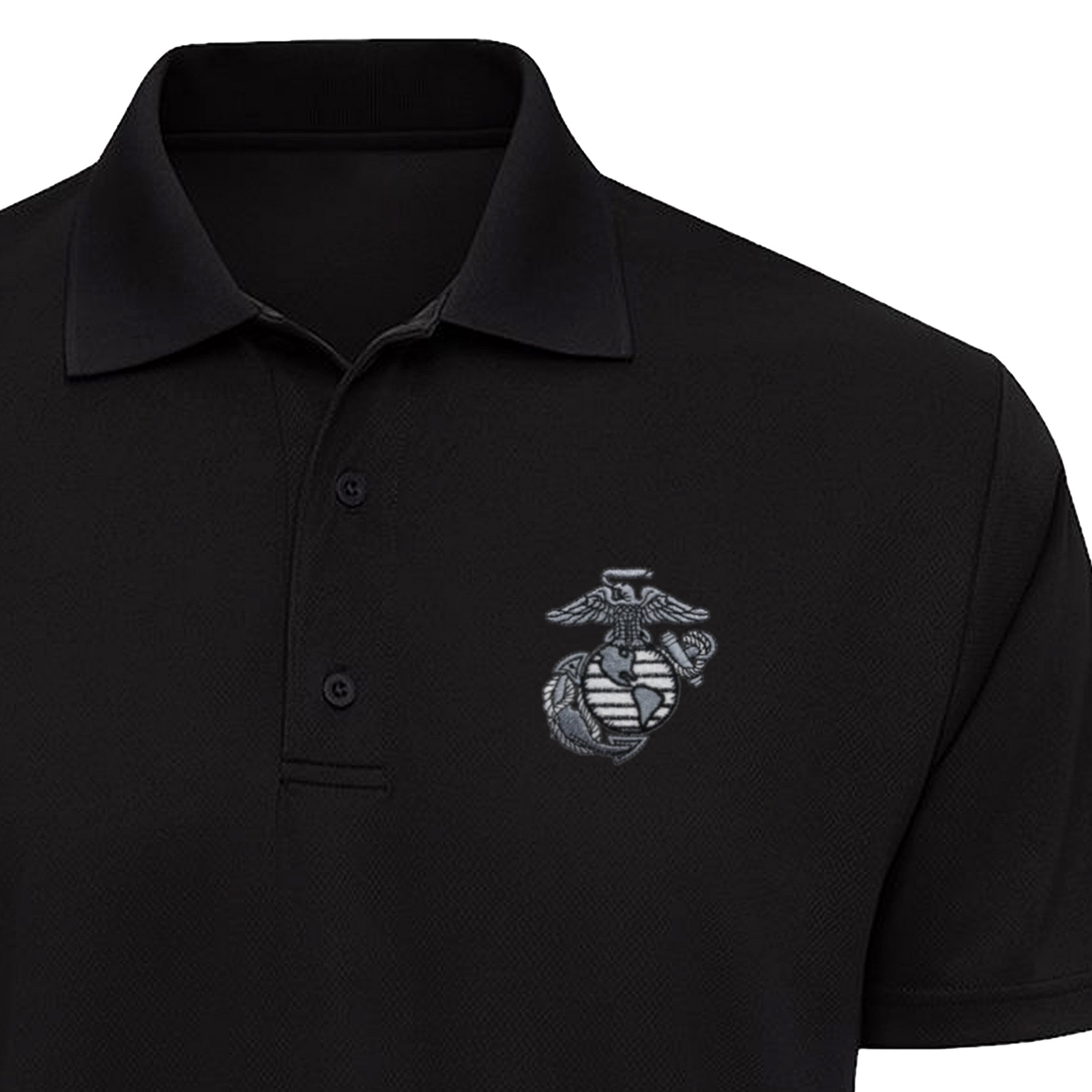 Black Marines performance polo with a charcoal and gray embroidered Eagle, Globe & Anchor on the left chest. USMC Polo