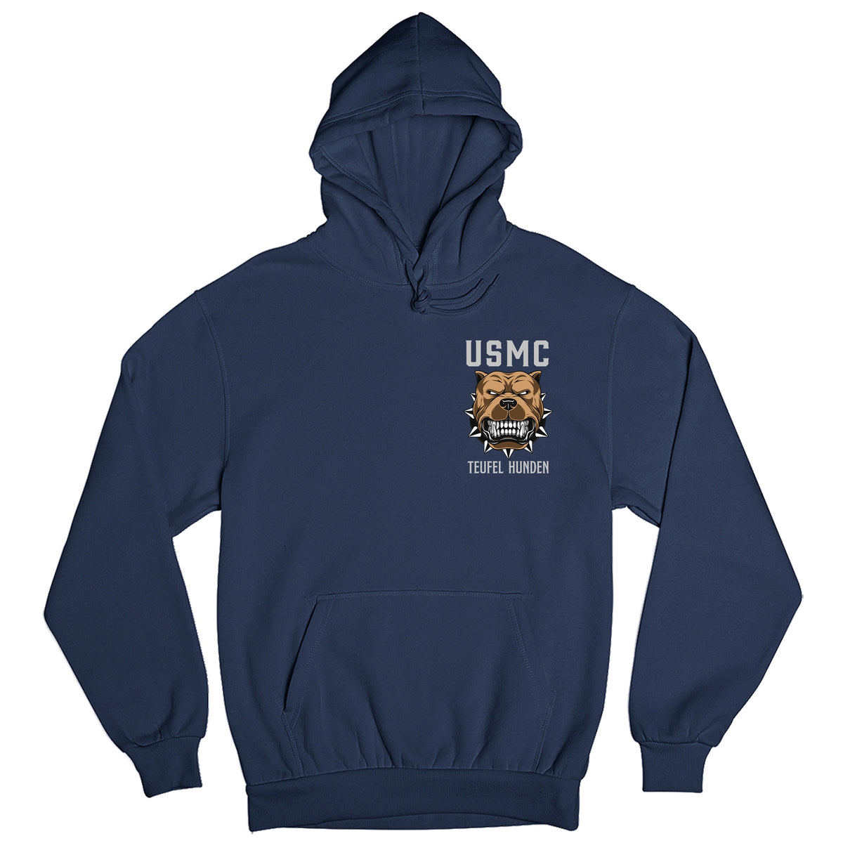 Navy Blue USMC Hoodie with left-chest bulldog graphic