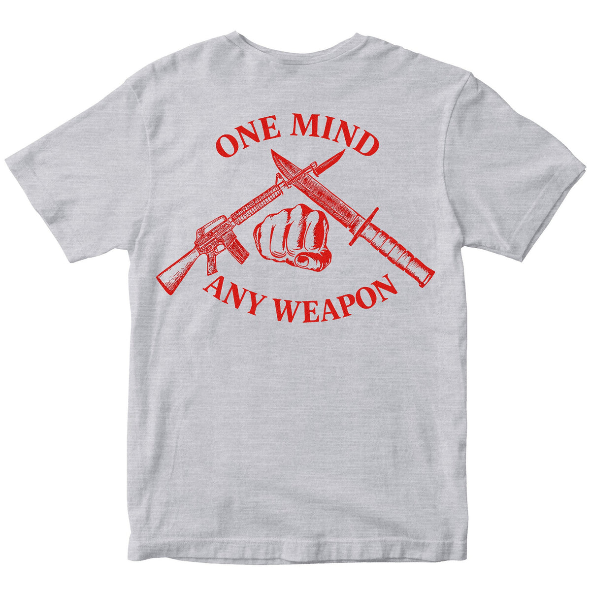 Gray Marines Fight Club T-shirt with back graphic reading ‘One Mind Any Weapon’ with crossed riffle and knife and clenched fist.