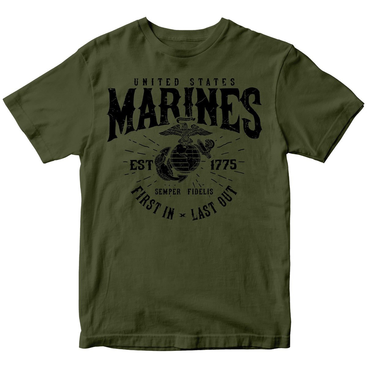 Marines First In Last Out Navy Green Tee