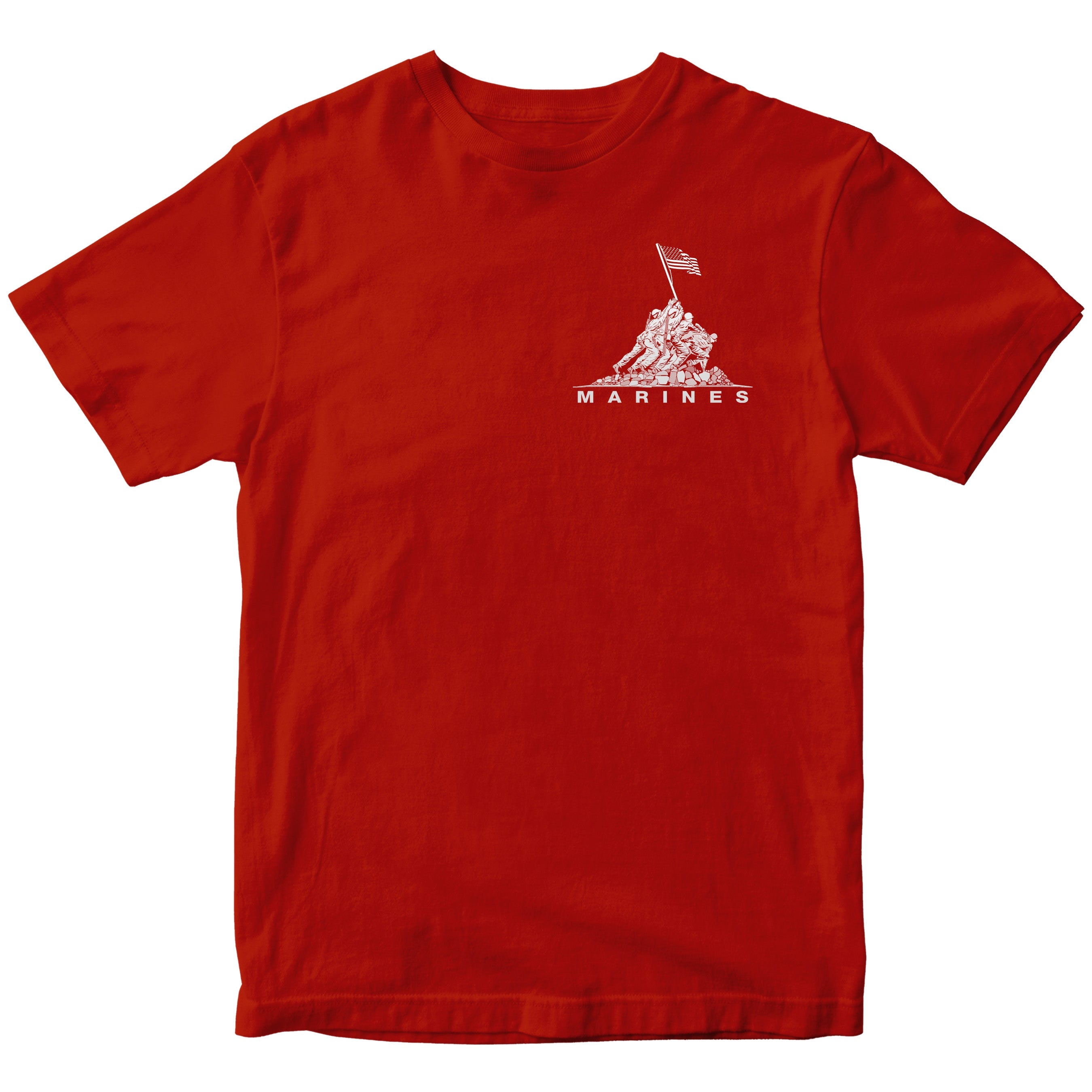 Red USMC t-shirt with Iwo Jima flag raising chest graphic