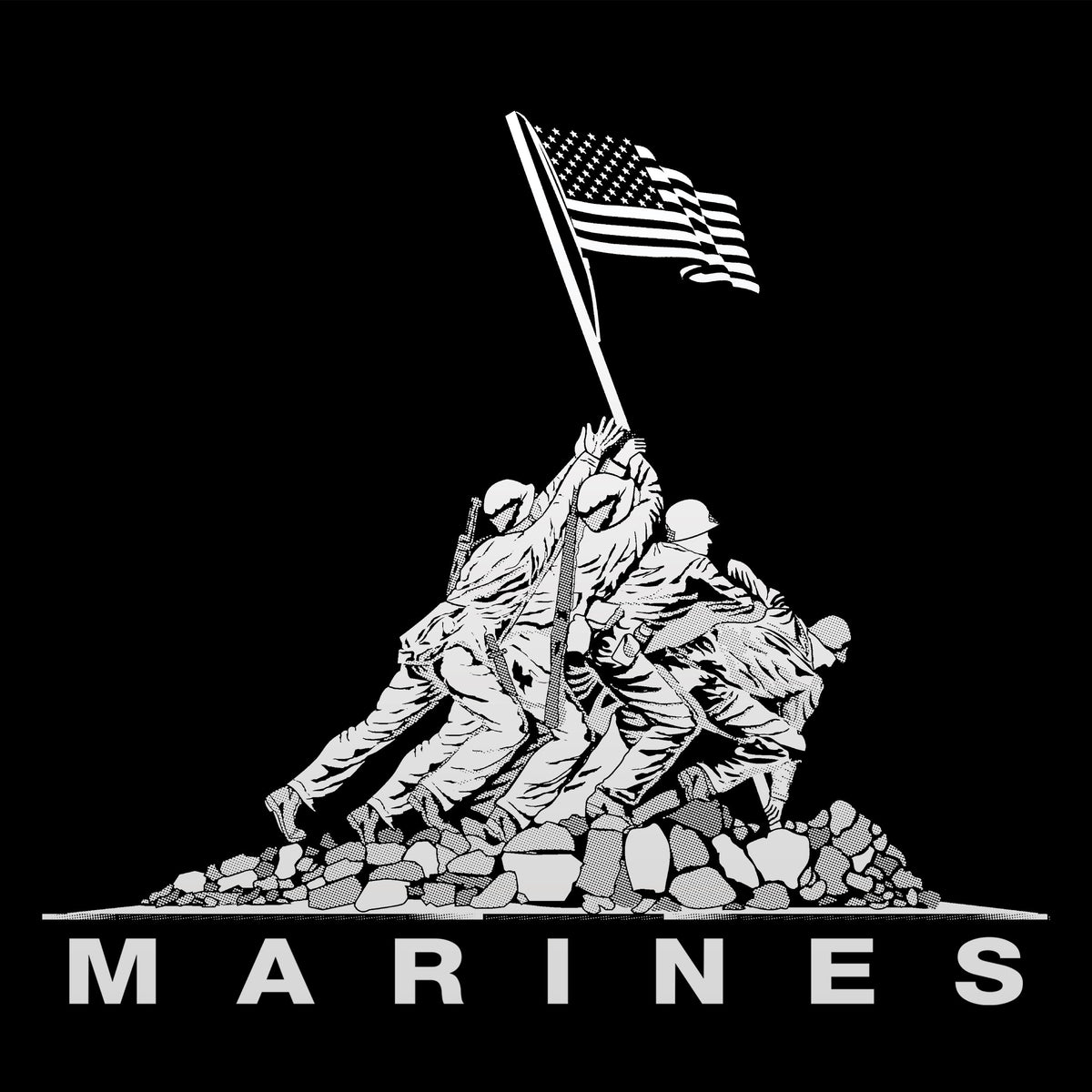Black USMC t-shirt with Iwo Jima flag raising chest graphic