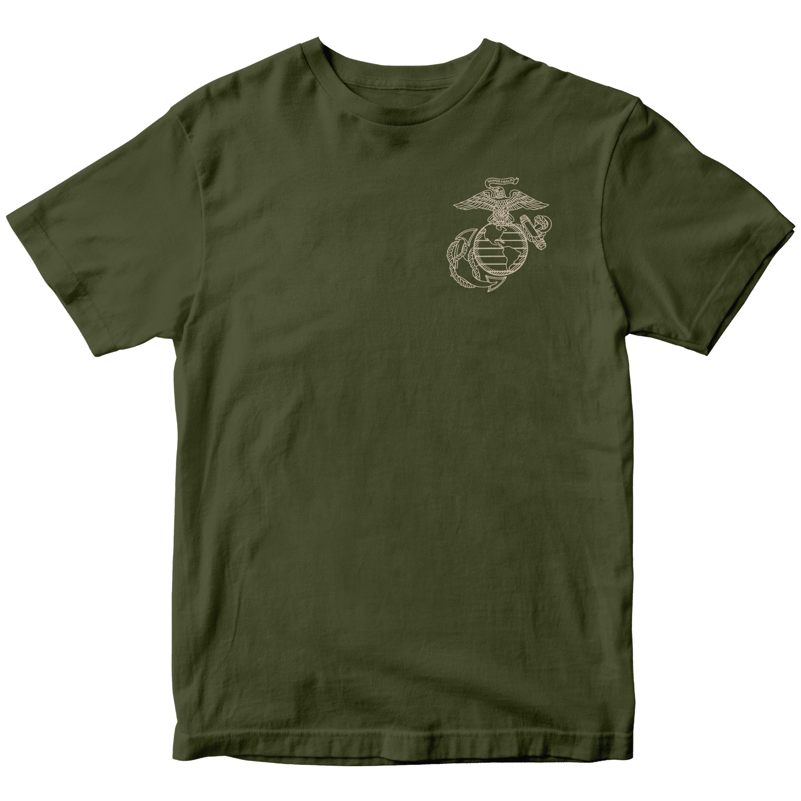 United States Marine Corps Iwo Jima flag raising Mount Suribachi T-shirt with Eagle Globe and Anchor Chest. Marines Iwo Jima Tee