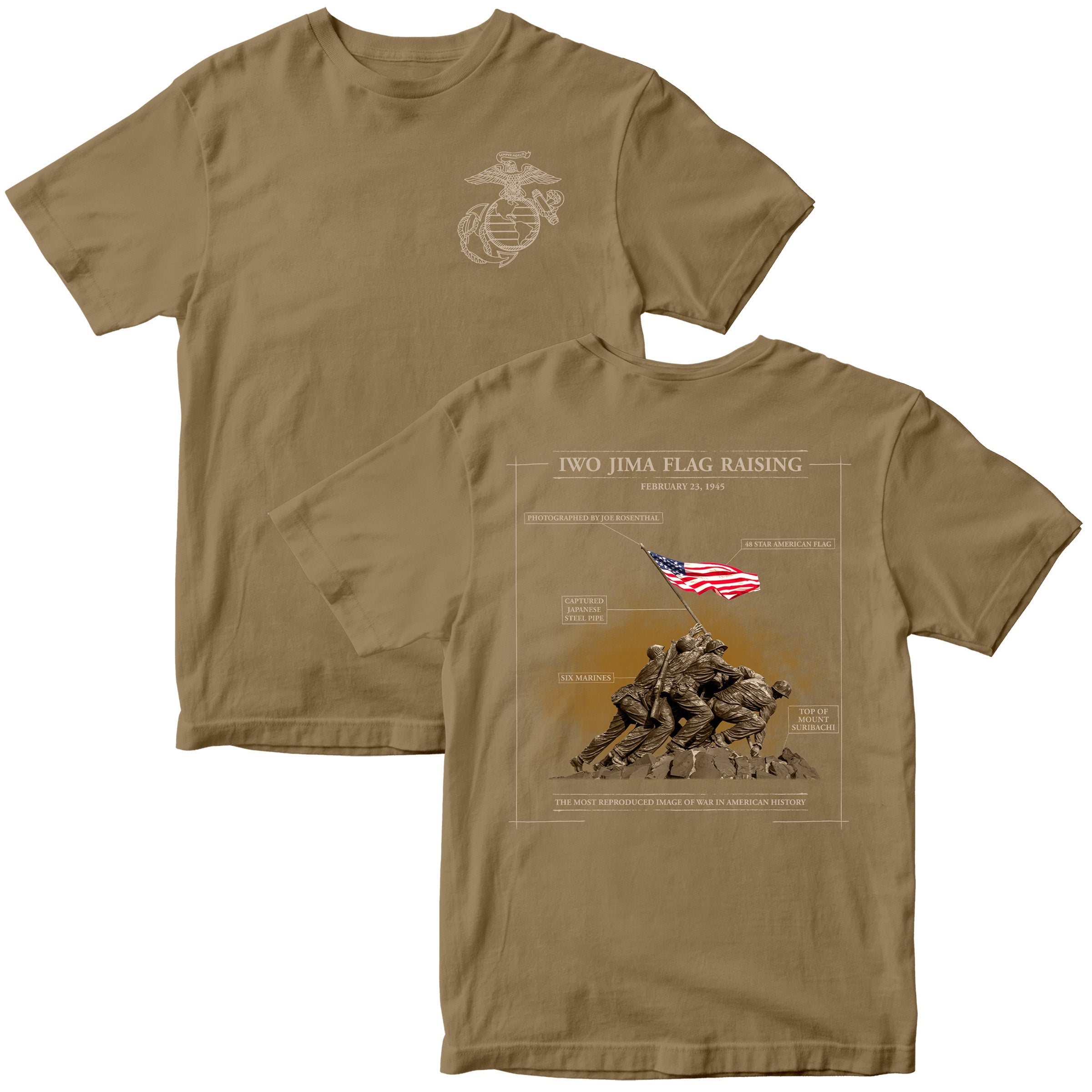 Khaki United States Marine Corps Iwo Jima flag raising Mount Suribachi T-shirt. Marines Iwo Jima Tee