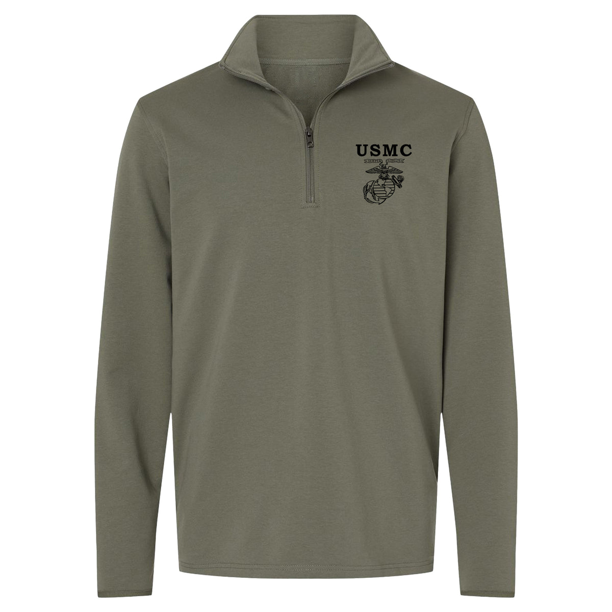 OD green USMC Old School EGA performance quarter-zip pullover with black Eagle Globe and Anchor chest graphic