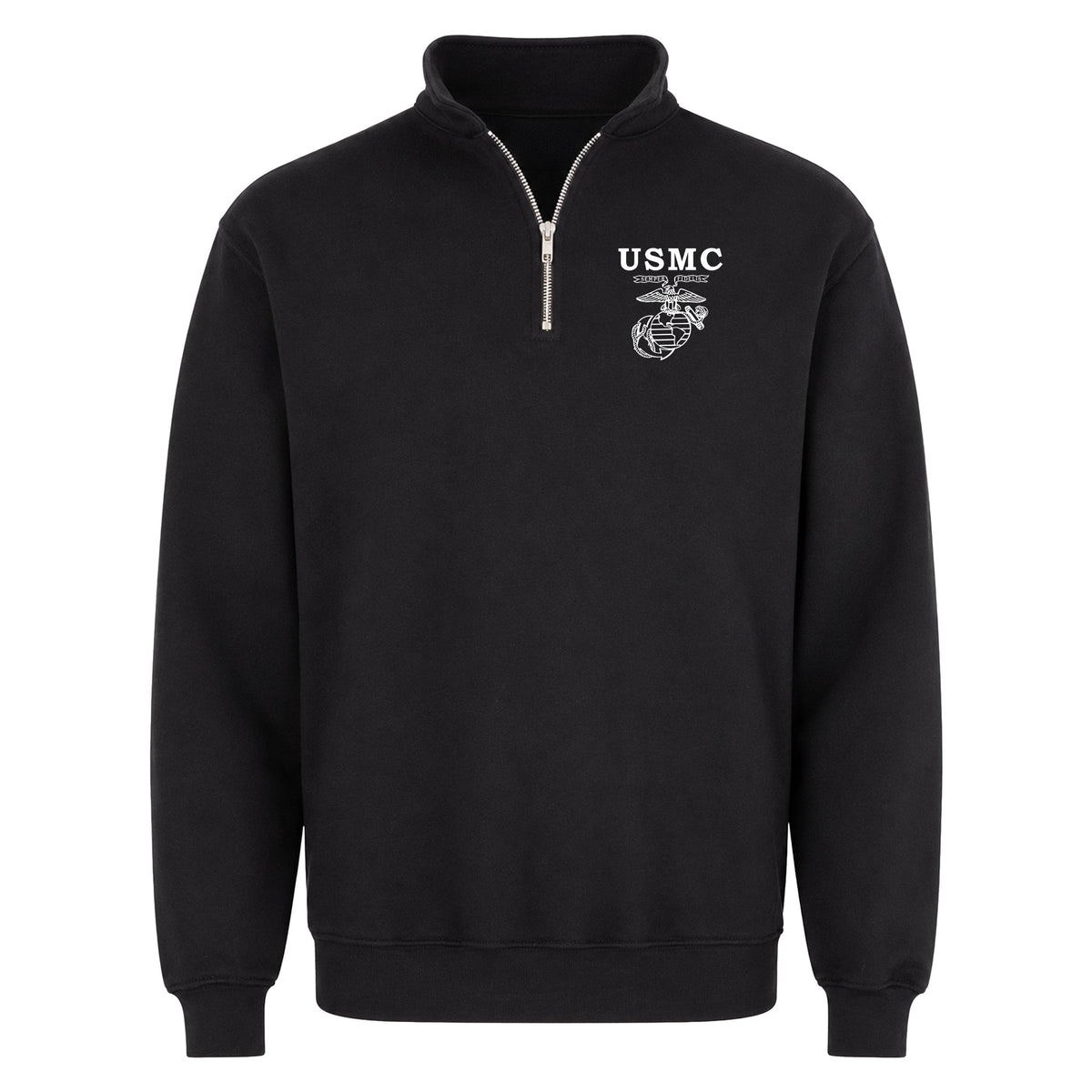 Black USMC Old School EGA screen-printed midweight quarter-zip pullover