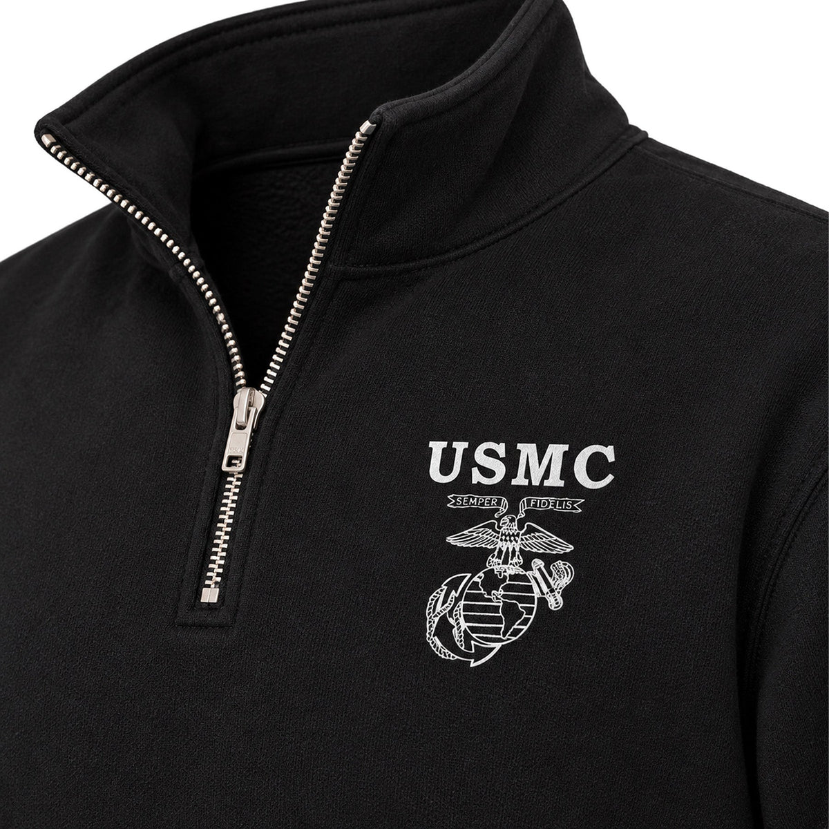 Black USMC Old School EGA screen-printed midweight quarter-zip pullover