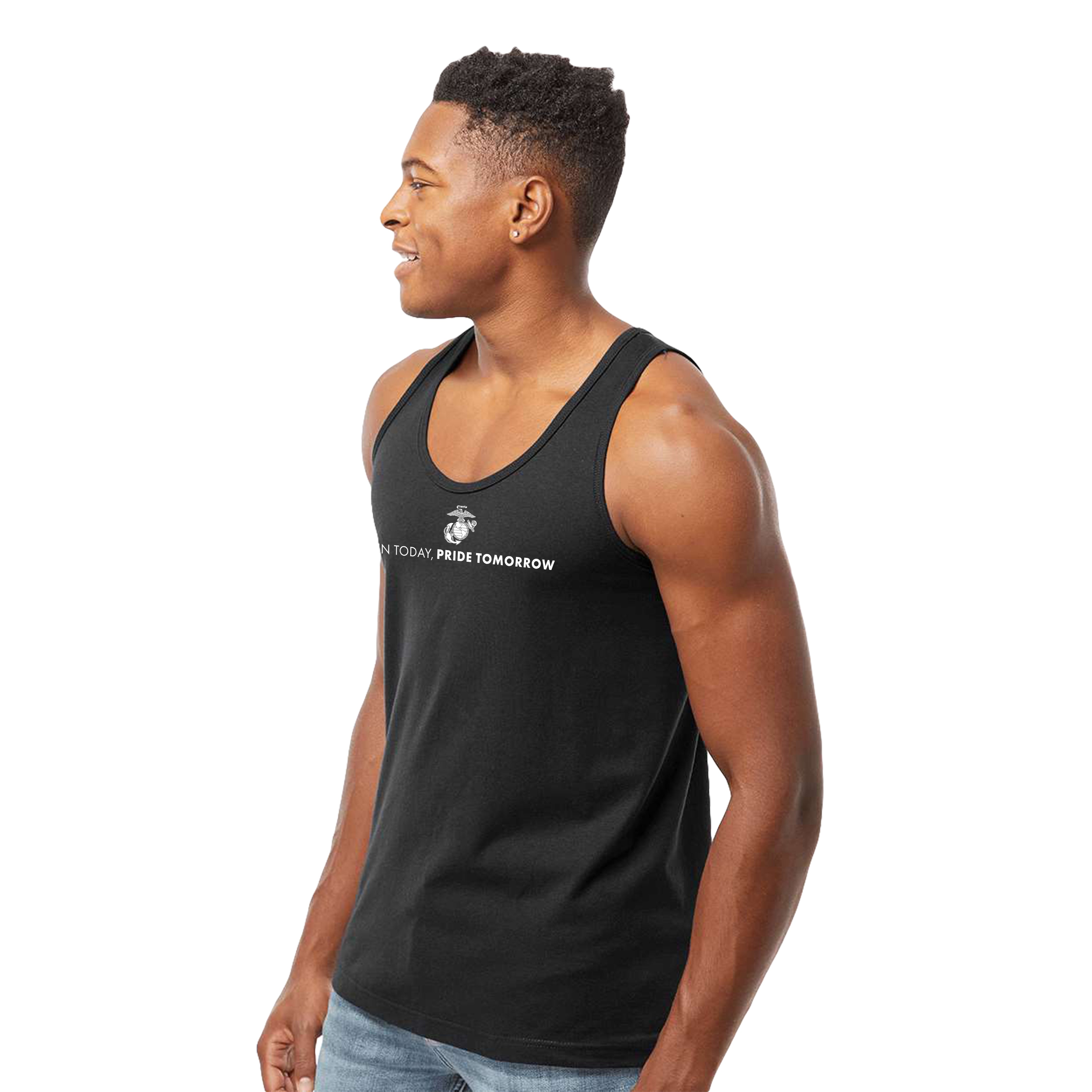 Men’s USMC tank top with white Eagle, Globe, and Anchor emblem and motivational text 'Pain Today, Pride Tomorrow' across the chest.