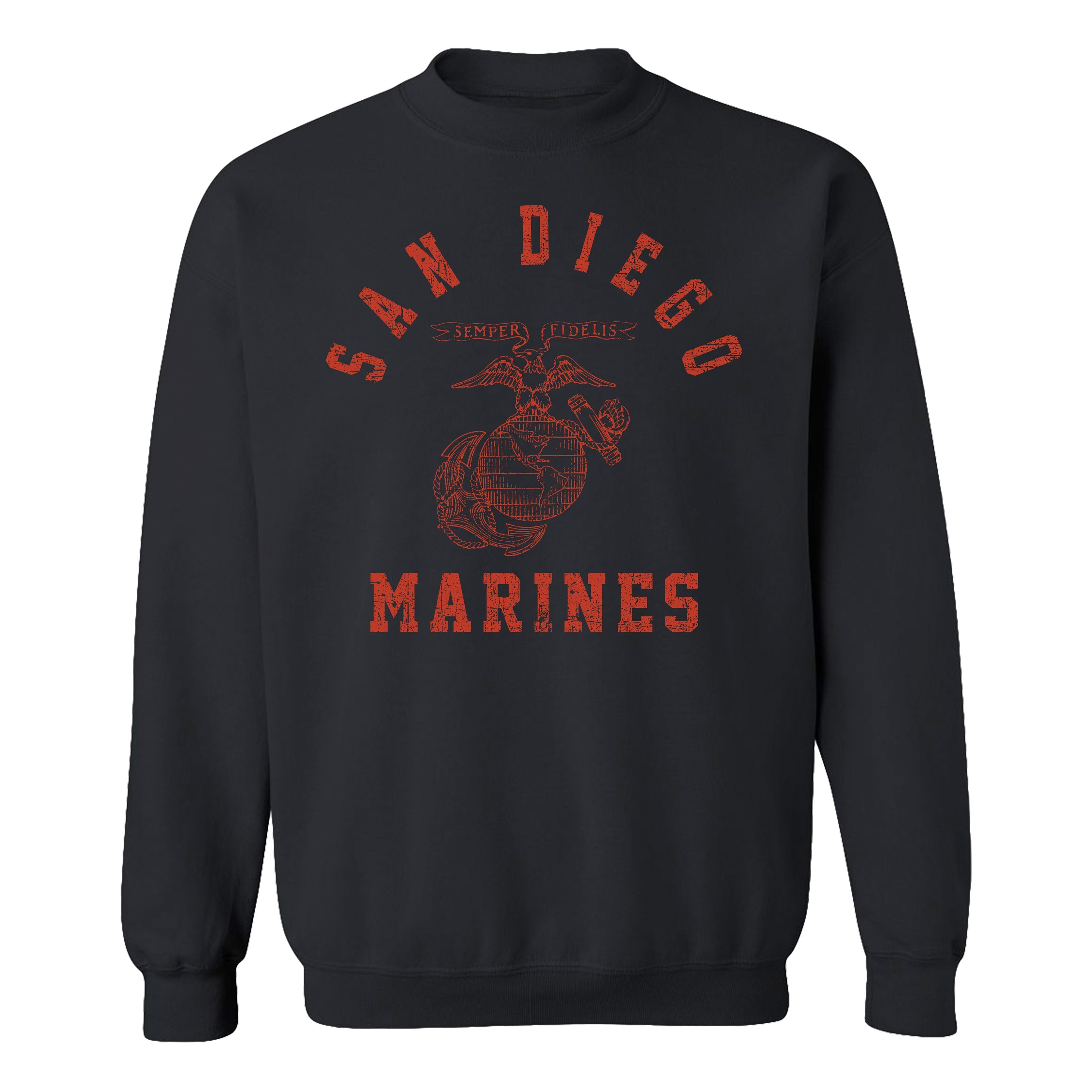 USMC Black Sweatshirt with distressed red print featuring 'San Diego' arched above the Eagle, Globe, and Anchor emblem, and 'Marines' text below—designed in the style of vintage Marine Corps training shirts from MCRD San Diego.