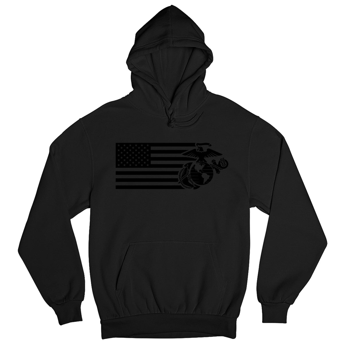 Black USMC Split Flag and EGA hoodie with tonal American flag and Eagle Globe and Anchor front graphic