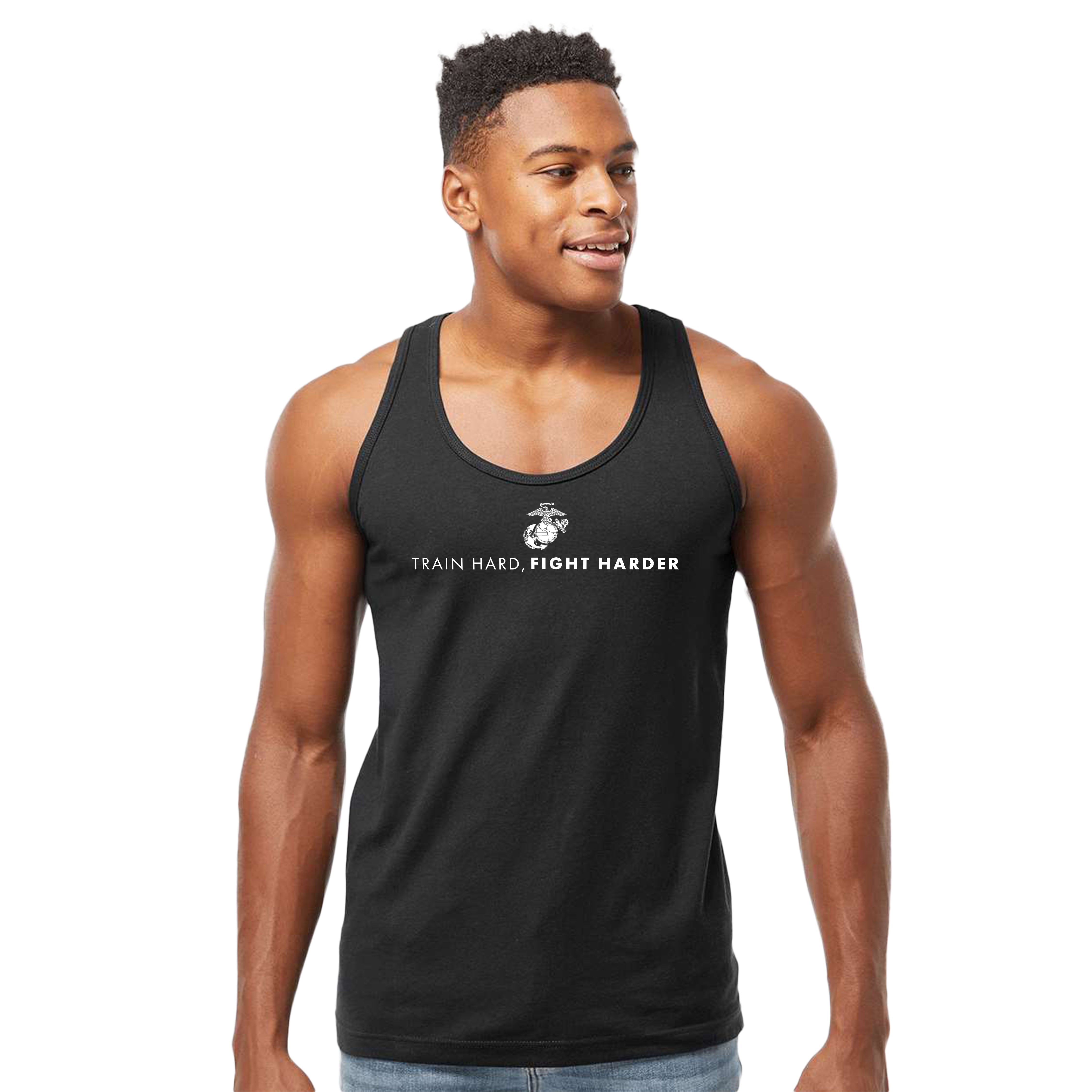 Men’s USMC tank top with white Eagle, Globe, and Anchor emblem and bold motivational text 'Train Hard, Fight Harder' across the chest.