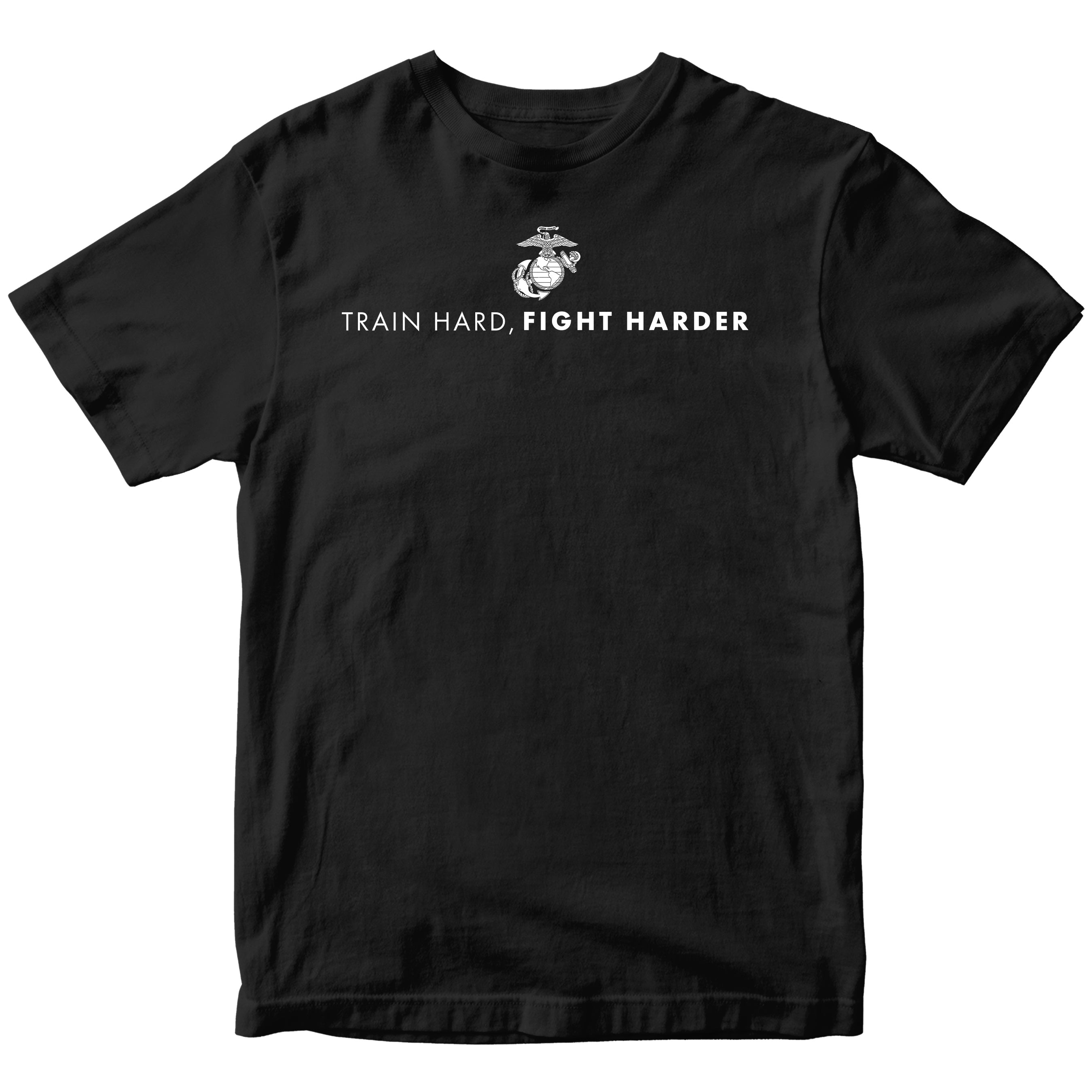 Black USMC t-shirt with white Eagle, Globe, and Anchor emblem and bold military quote 'Train Hard, Fight Harder' on chest, Marine Corps motivational workout shirt.