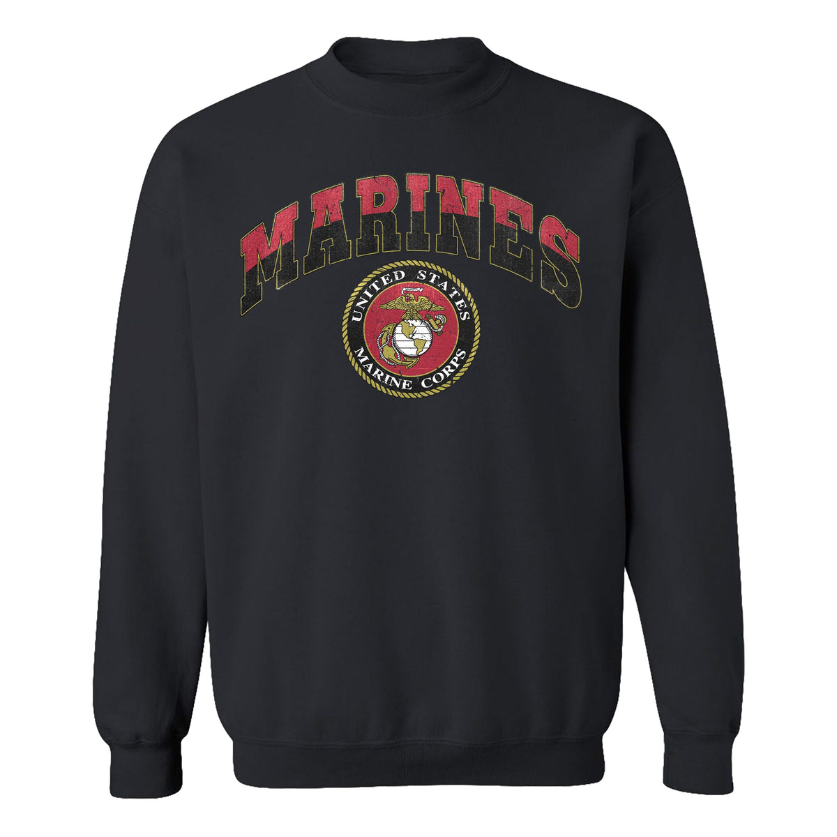 black USMC sweatshirt with vintage red and gold 'MARINES' text and full-color United States Marine Corps seal, patriotic military hoodie for Marines 