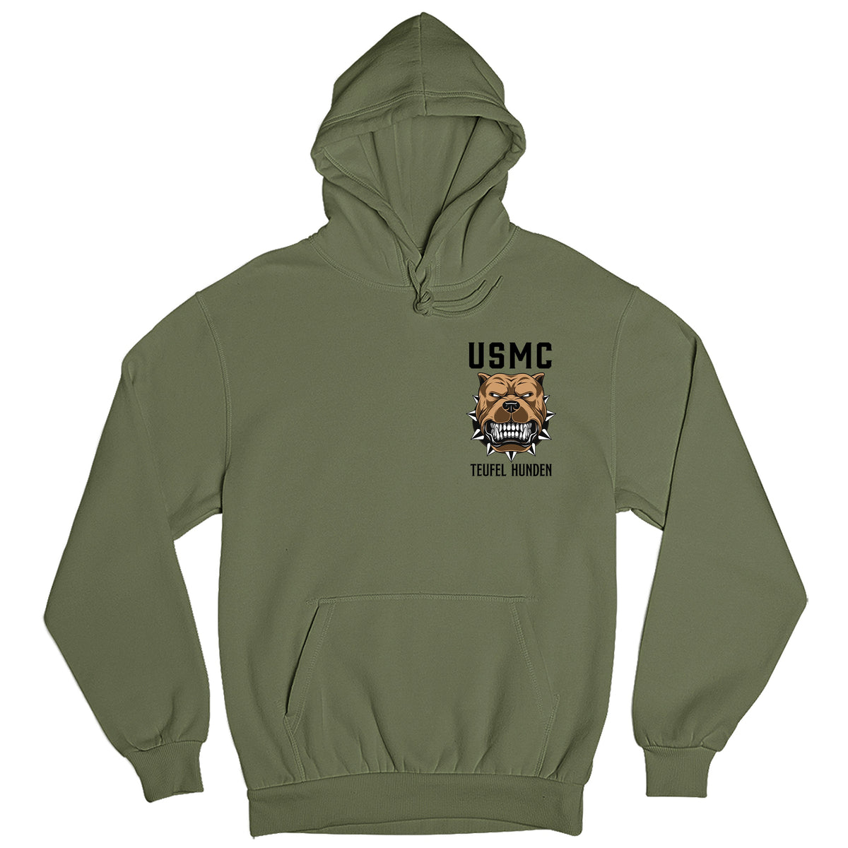 Green USMC Hoodie with left-chest bulldog graphic