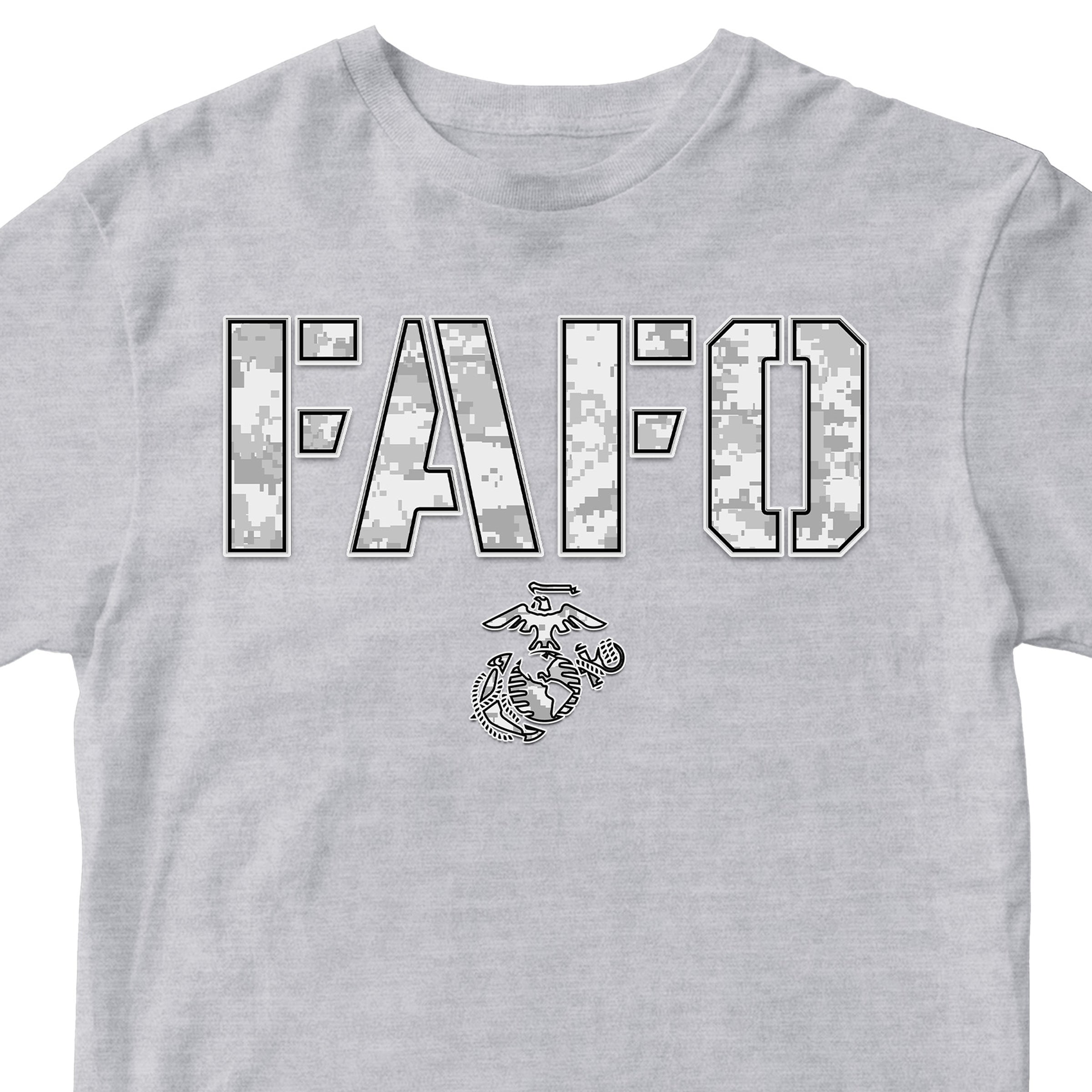 Grey FAFO arctic camo T-shirt with camouflage lettering and Eagle Globe and Anchor
