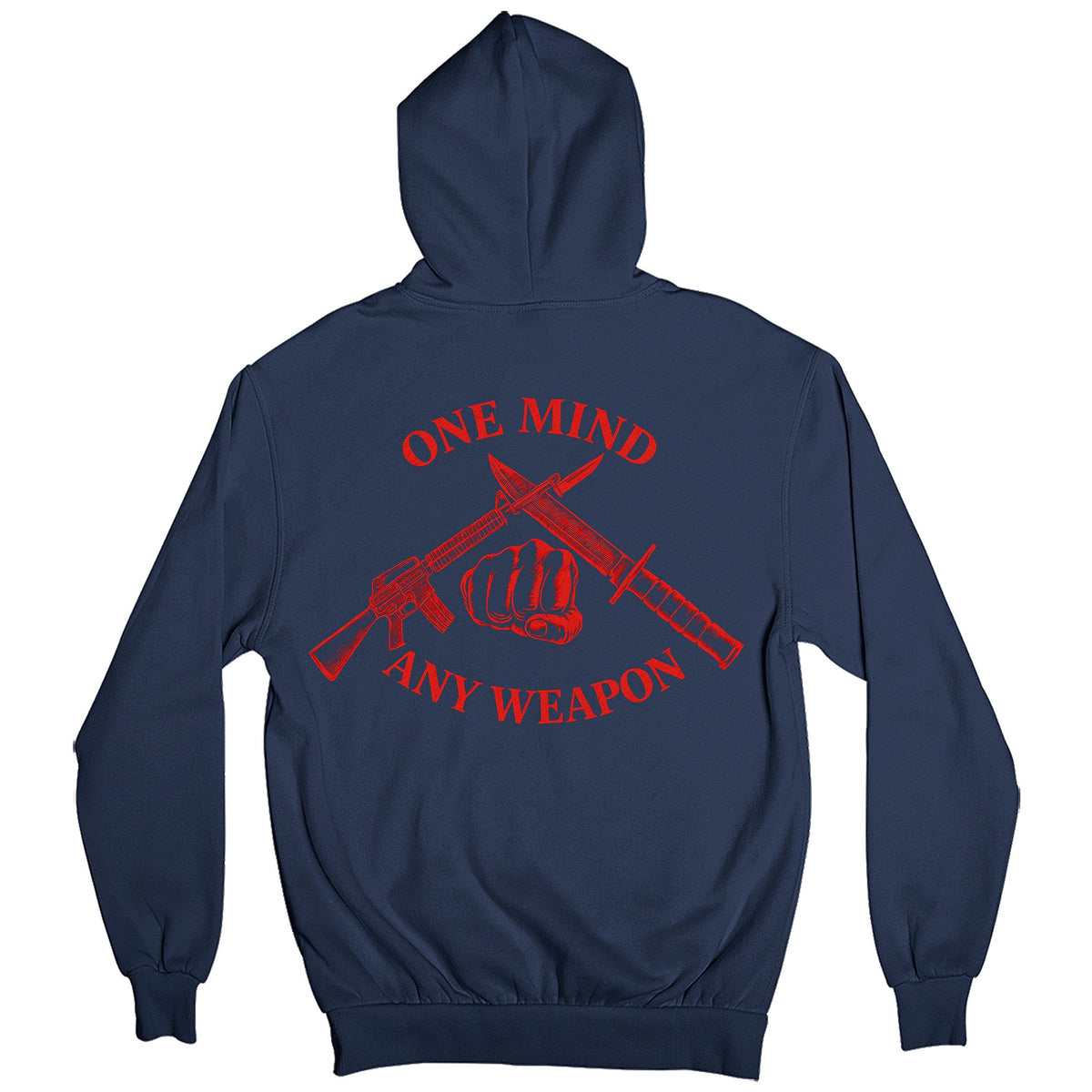 Navy Blue Marines Fight Club Hoodie with back graphic reading ‘One Mind Any Weapon’ with crossed riffle and knife and clenched fist.