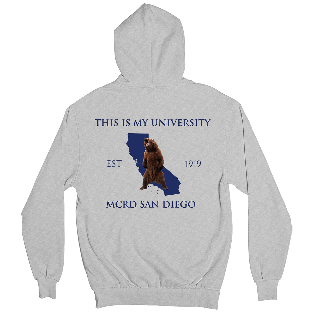 Gray USMC fraternity Hoodie with San Diego back graphic featuring the California outline with star.