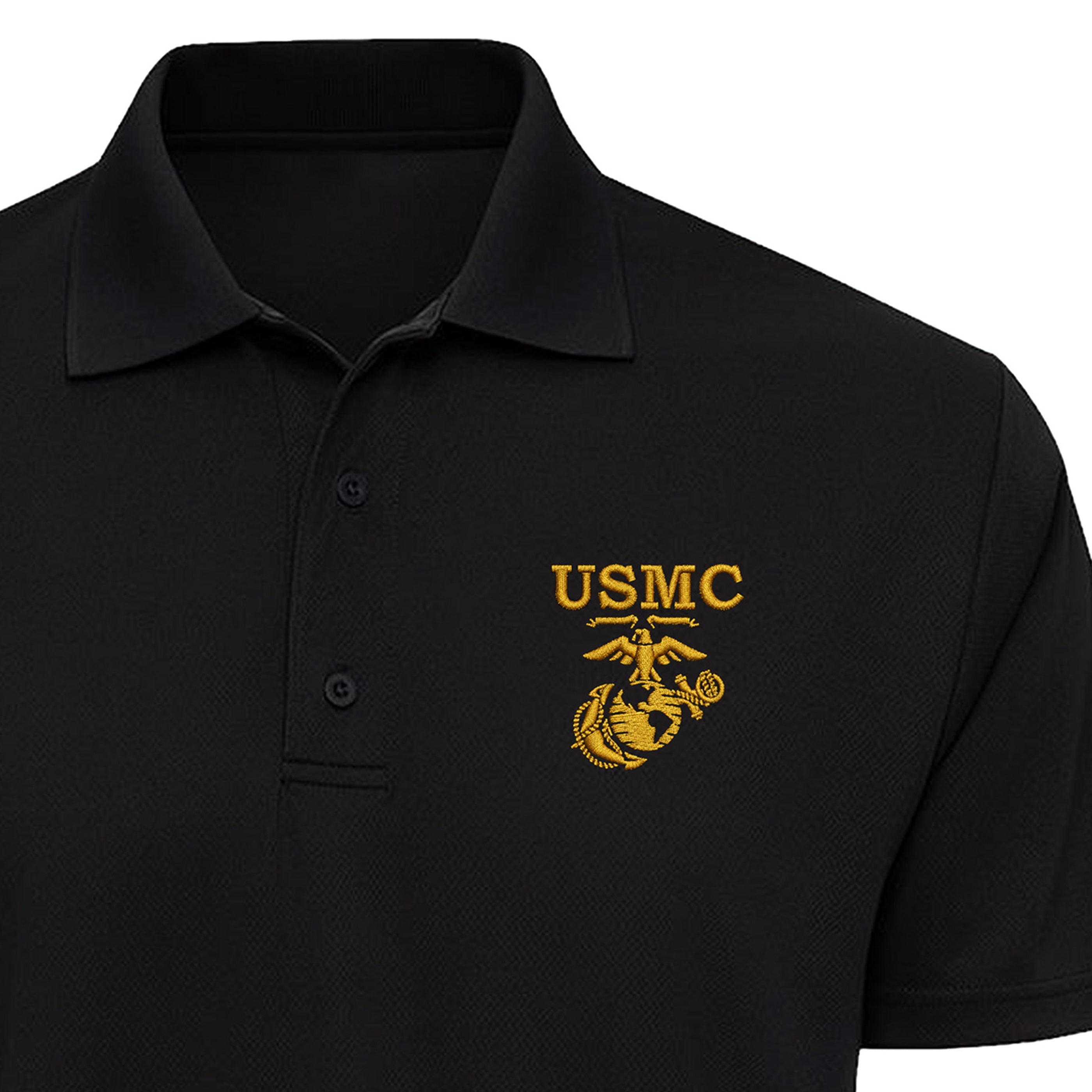 Black USMC performance polo with embroidered gold USMC lettering and EGA. Marine Corps Polo. 