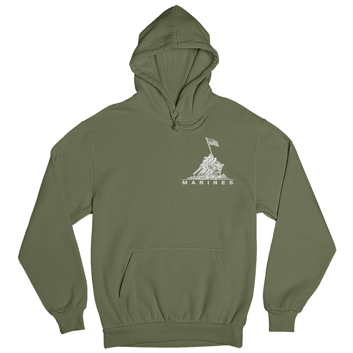 Green USMC hoodie with Iwo Jima flag raising chest graphic
