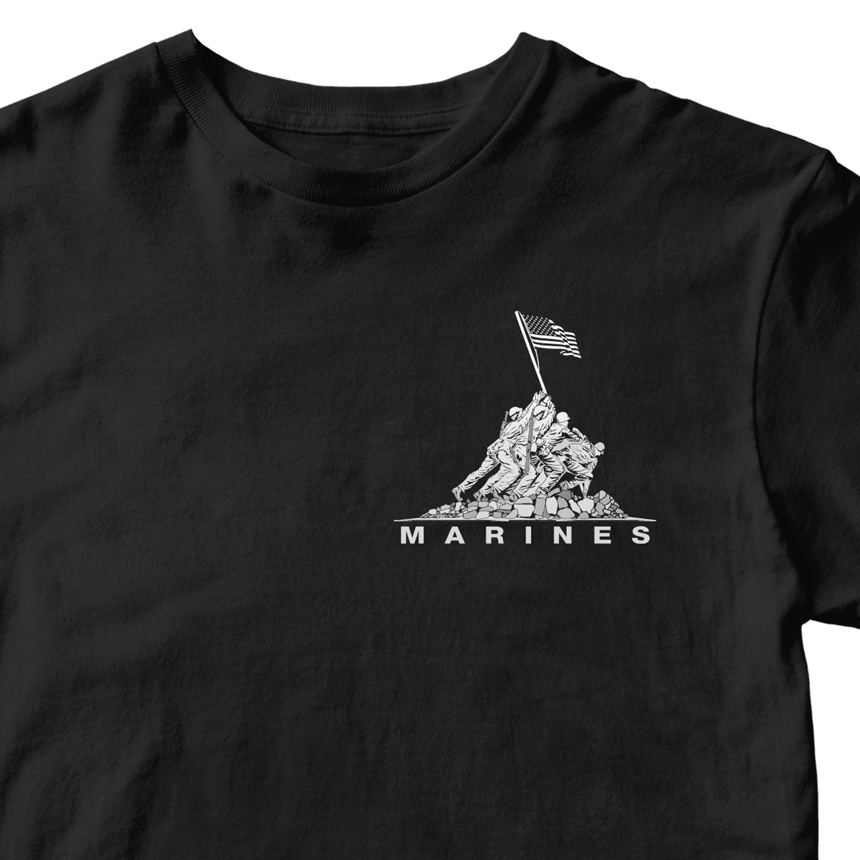 Black USMC t-shirt with Iwo Jima flag raising chest graphic