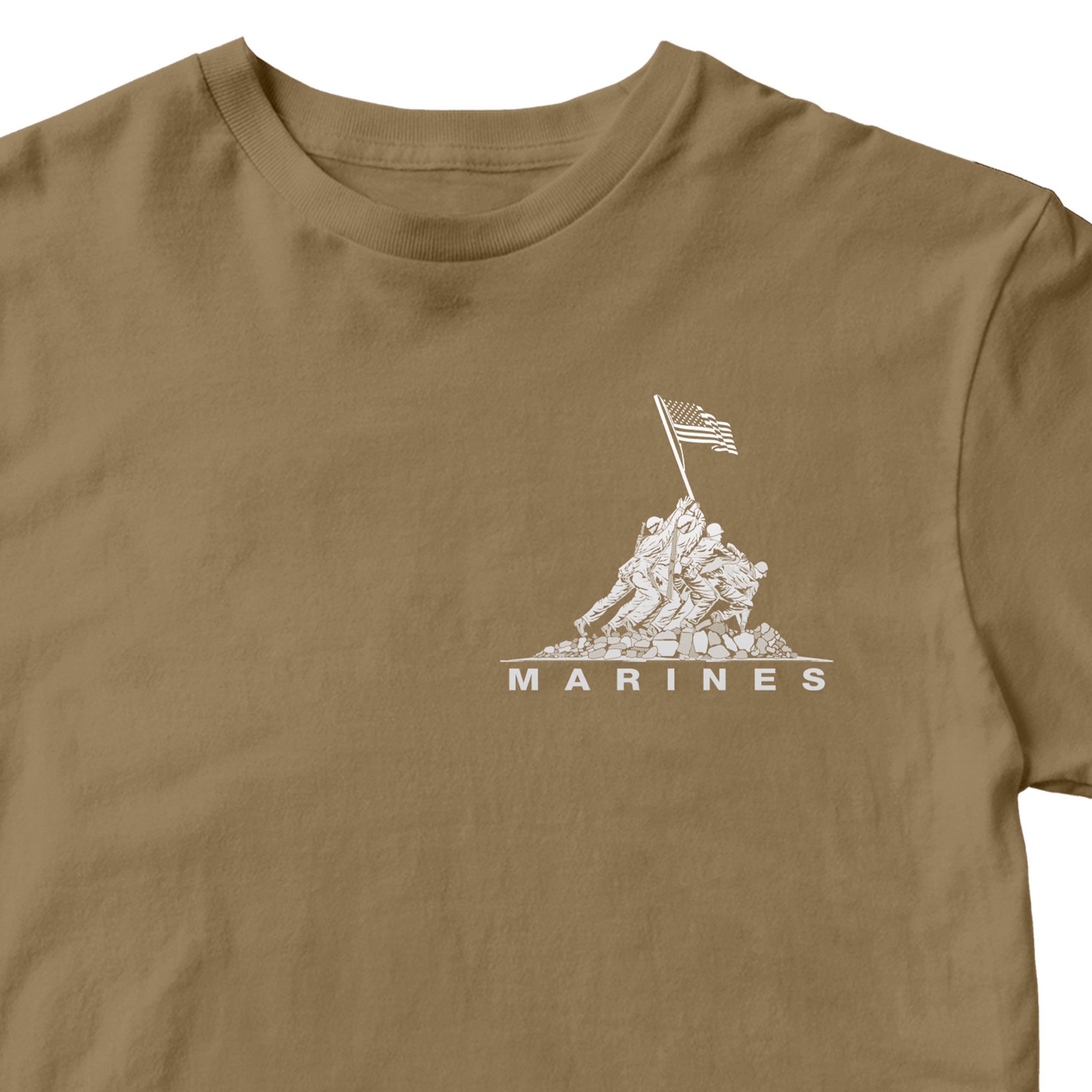 Brown USMC t-shirt with Iwo Jima flag raising chest graphic