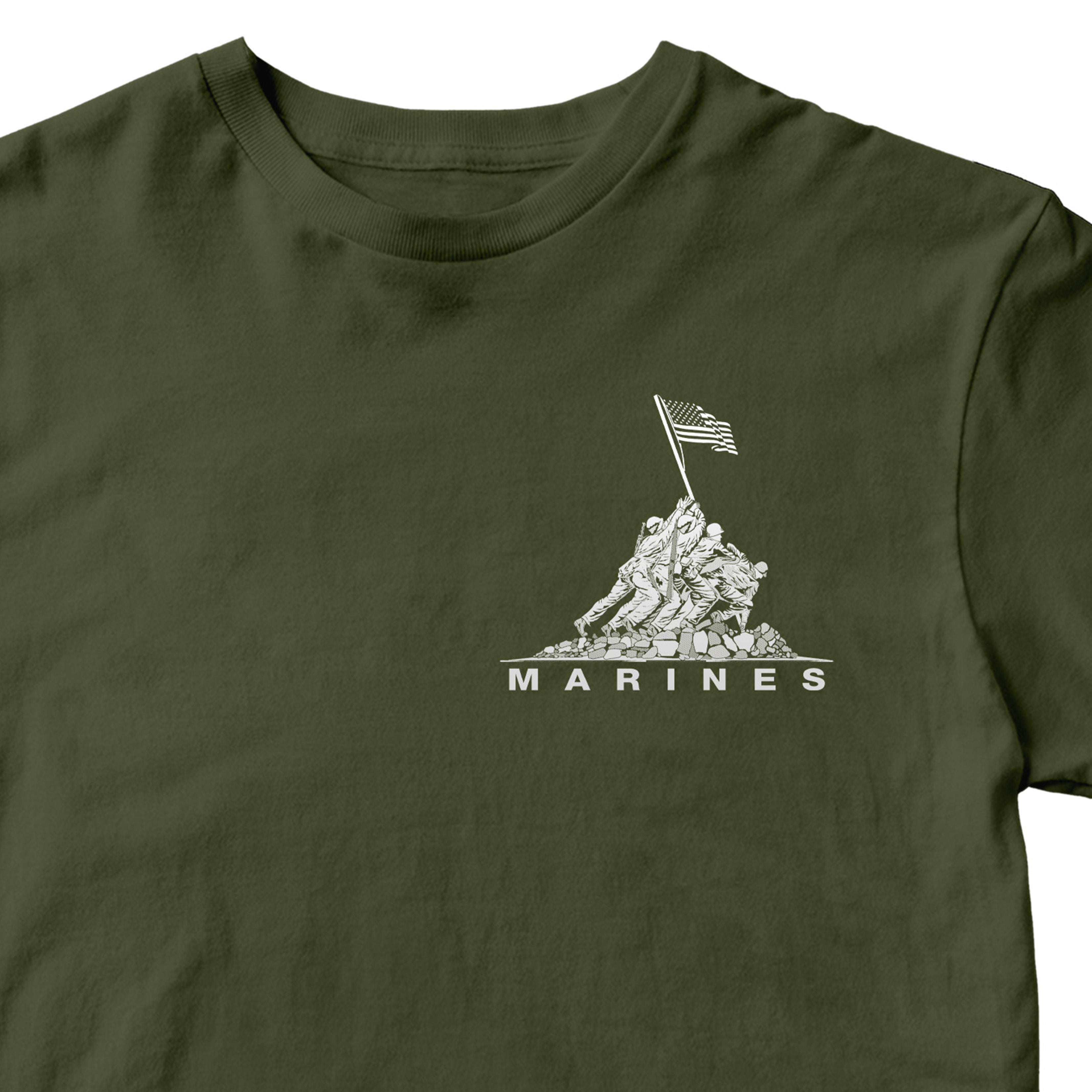Green USMC t-shirt with Iwo Jima flag raising chest graphic
