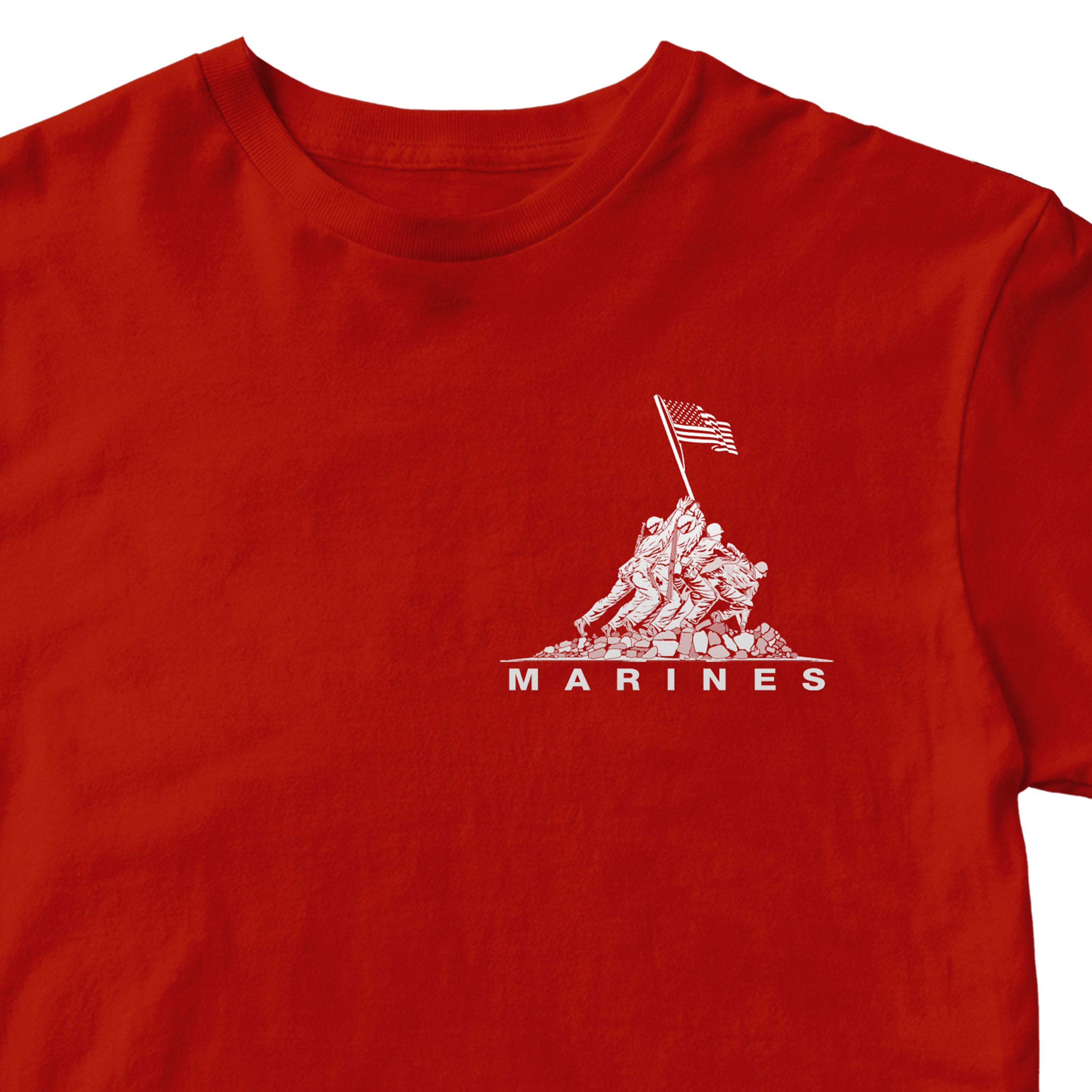 Red USMC t-shirt with Iwo Jima flag raising chest graphic