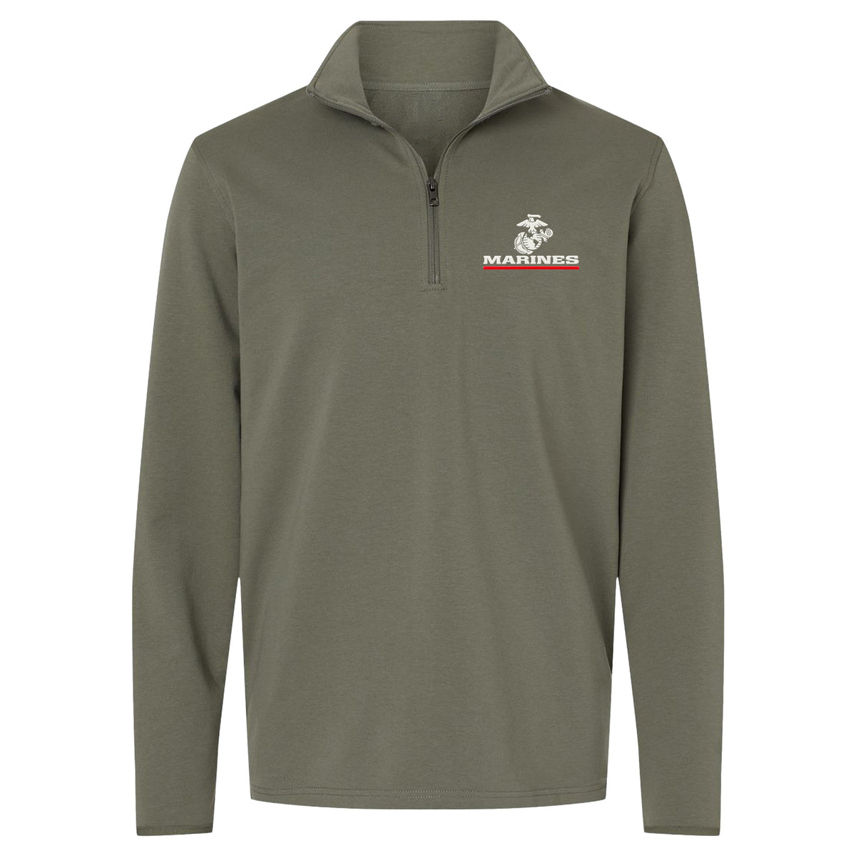 OD Green Marines Red Line EGA performance quarter-zip pullover with raised silicone Eagle Globe and Anchor chest patch