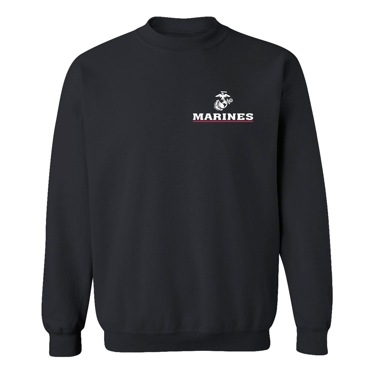 Black USMC sweatshirt with EGA chest seal emblem above bold white 'MARINES' text and a red underline, minimalist Marine Corps design.