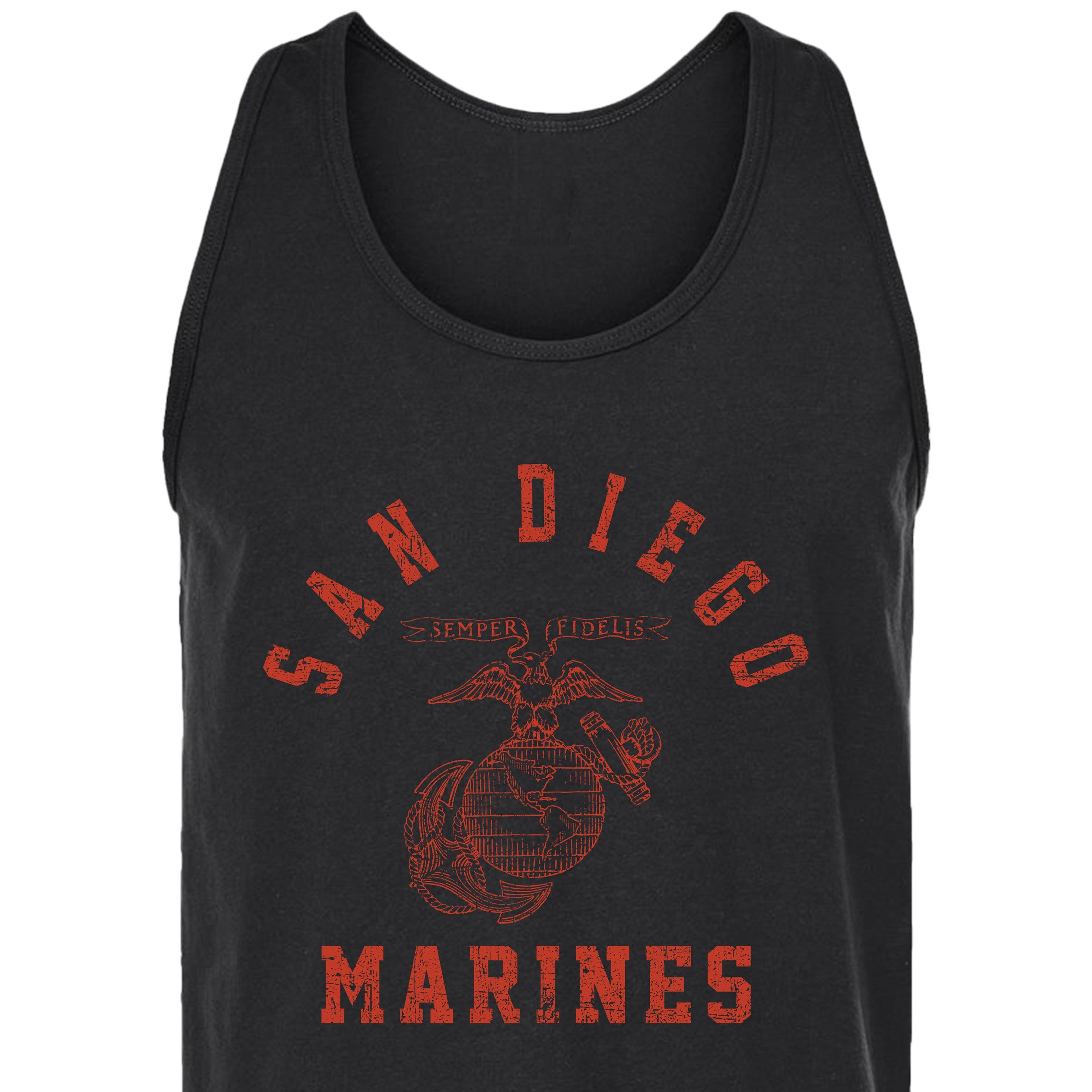 Black USMC Old School San Diego Training Tank featuring distressed red Marines text and Eagle, Globe, and Anchor artwork on the front.