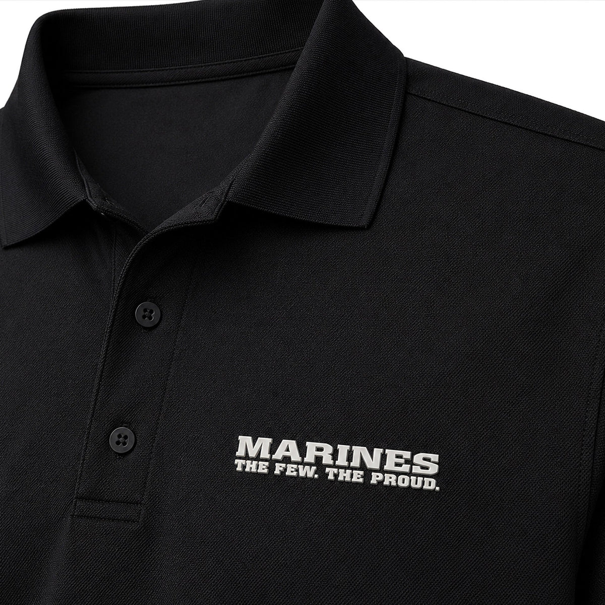 Marine Corps performance polo with The Few The Proud silicone chest logo and Marines lettering
