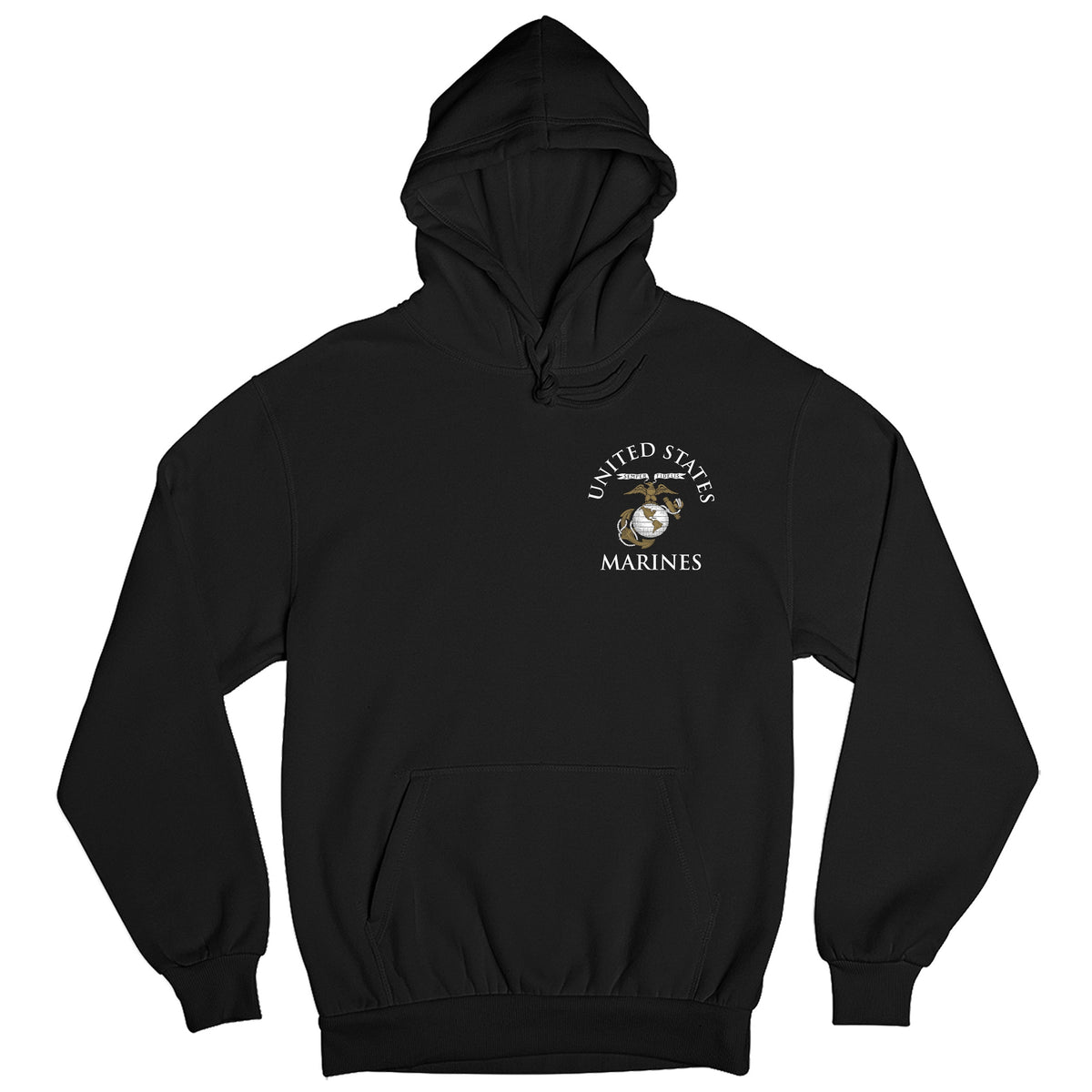 Black Marine Corps Hoodie featuring United States Marines text and EGA emblem chest seal