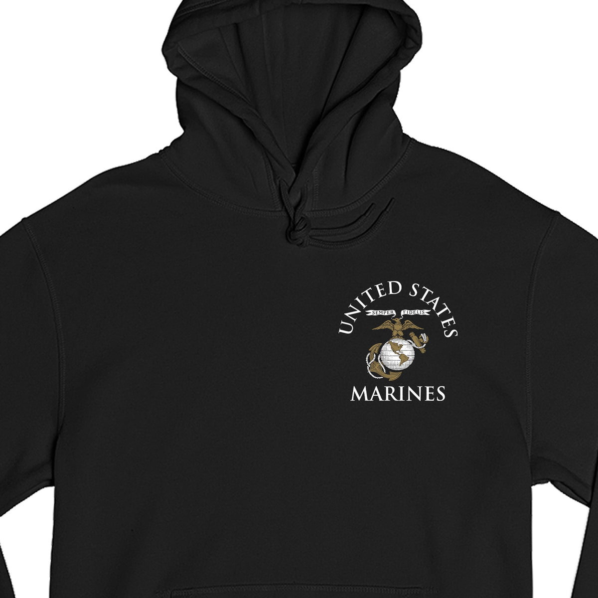 Black Marine Corps Hoodie featuring United States Marines text and EGA emblem chest seal