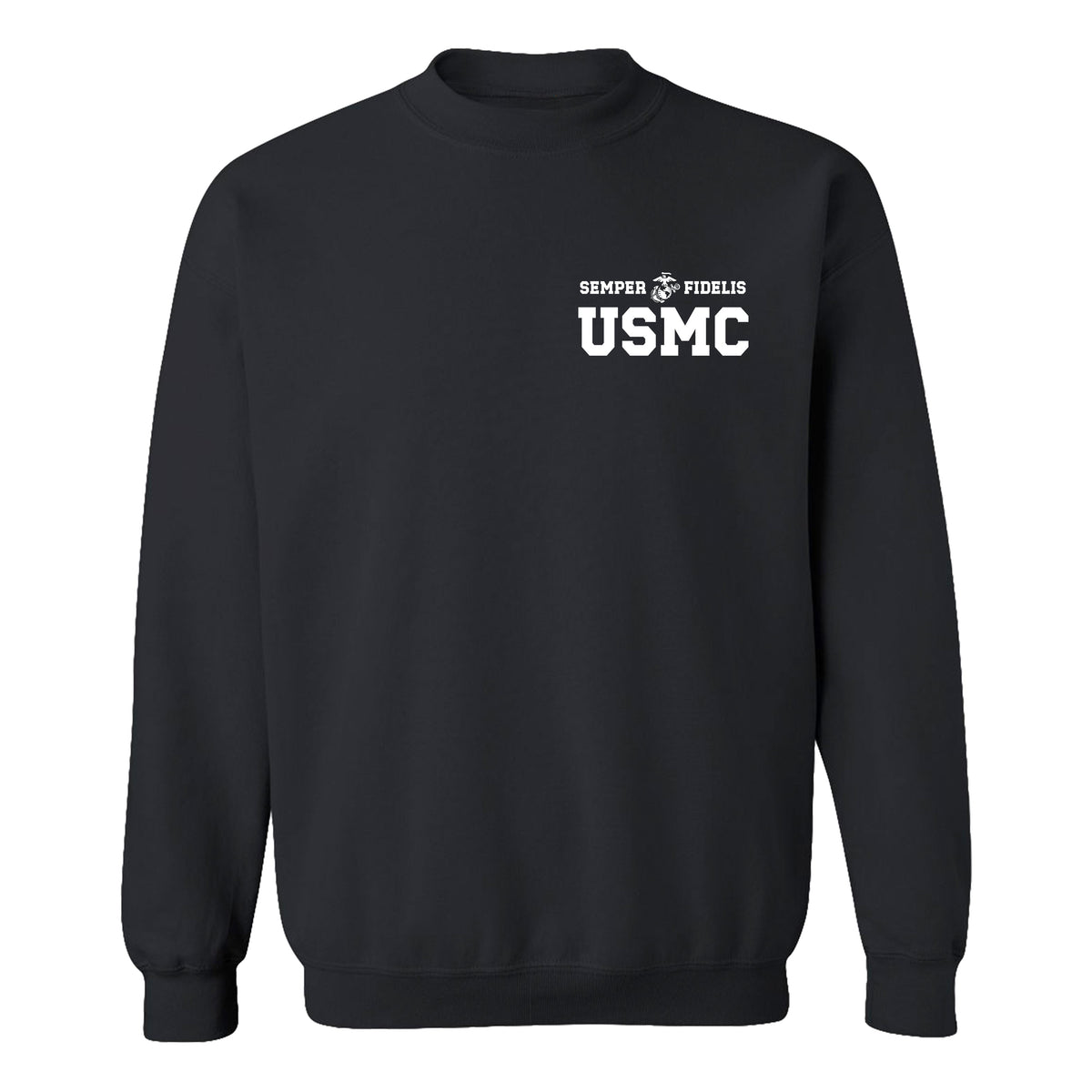 Black USMC sweatshirt with Semper Fidelis and Eagle Globe Anchor design