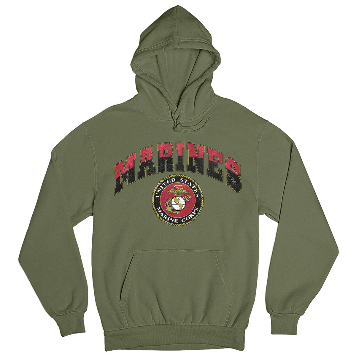 Green USMC hoodie with vintage red and gold 'MARINES' text and full-color United States Marine Corps seal, patriotic military hoodie for Marines 