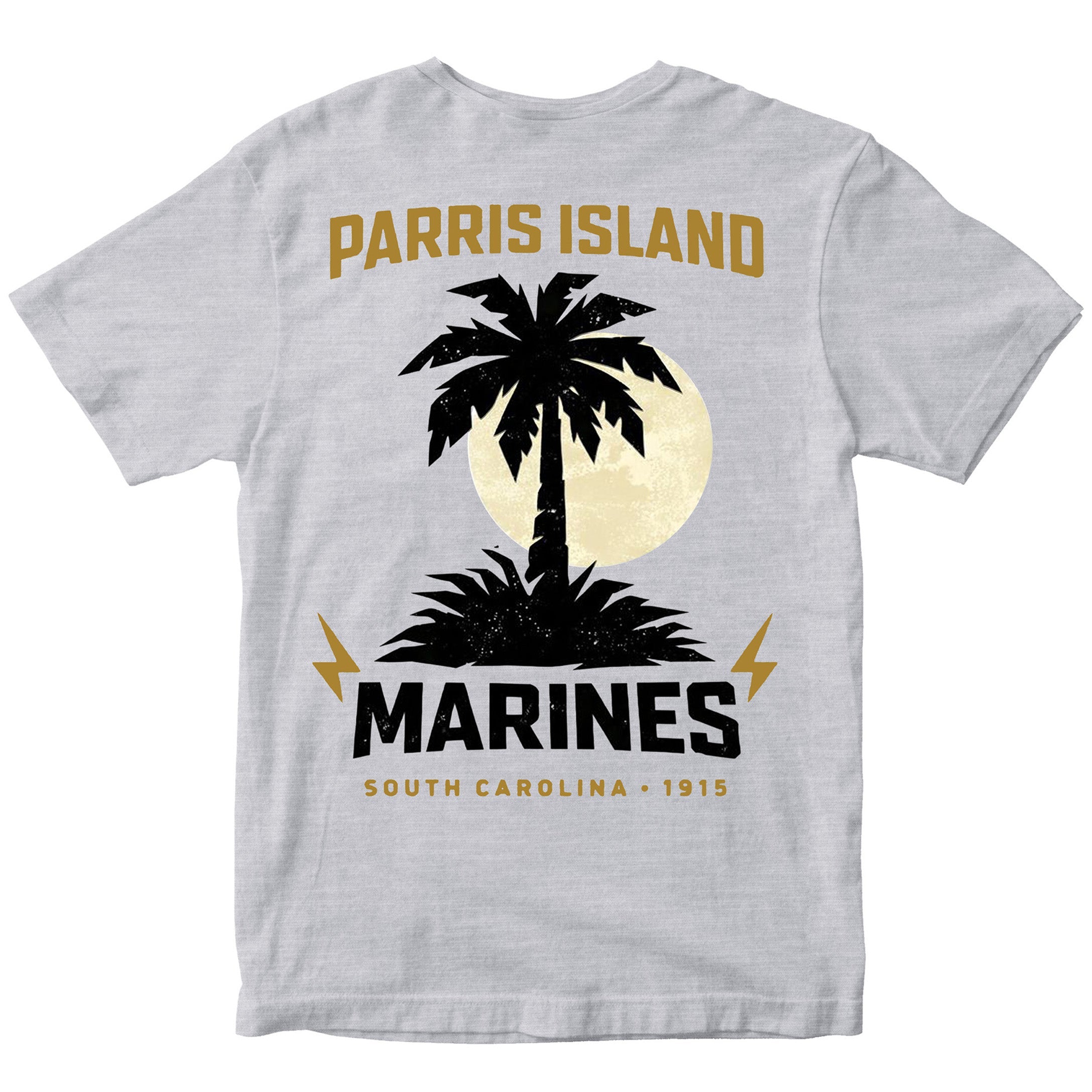 United States Marine Corps Parris Island South Carolina Palm Tree T-shirt with Marine Corps emblem. Grey USMC Parris Island Tee