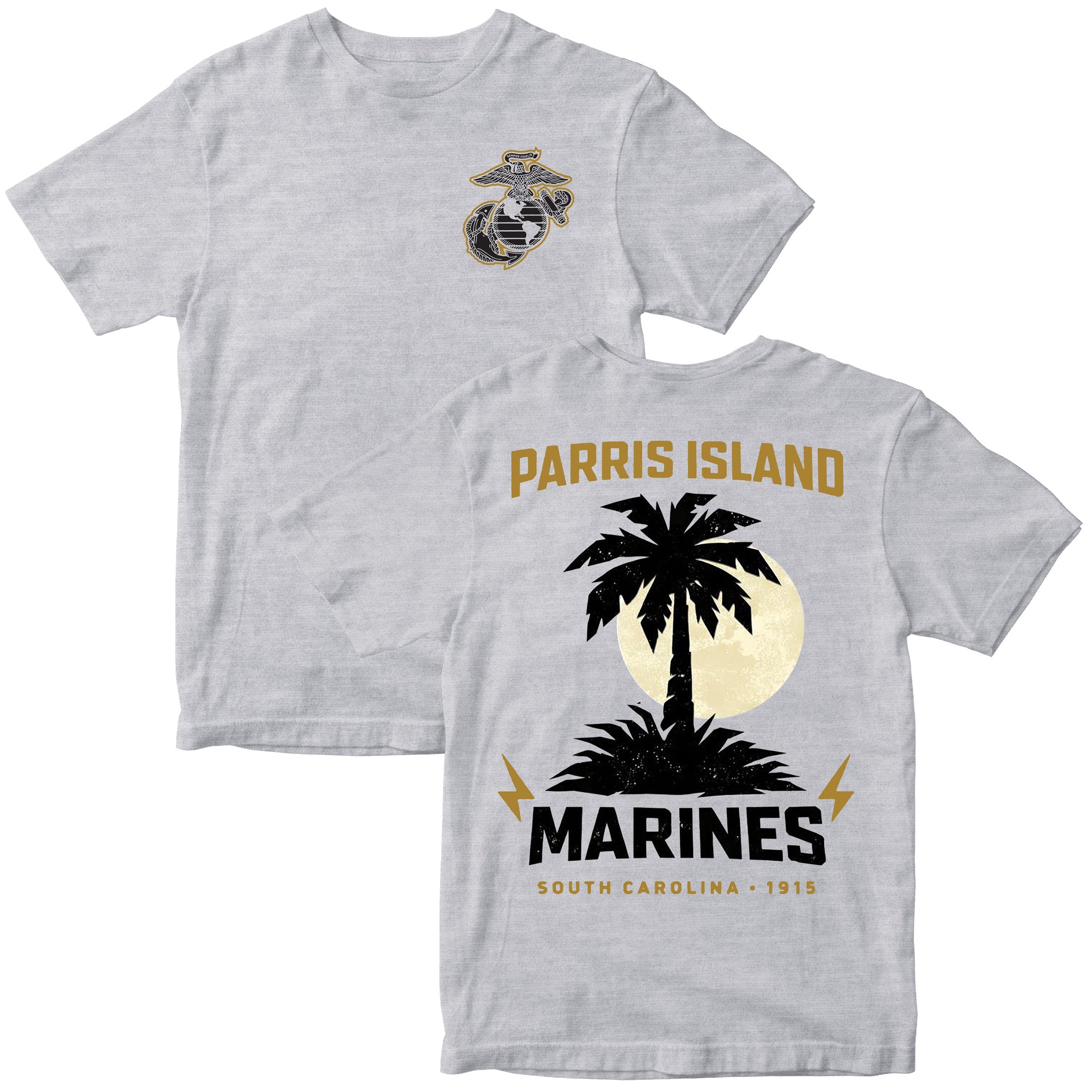 United States Marine Corps Parris Island South Carolina Palm Tree T-shirt with Marine Corps emblem. Grey USMC Parris Island Tee