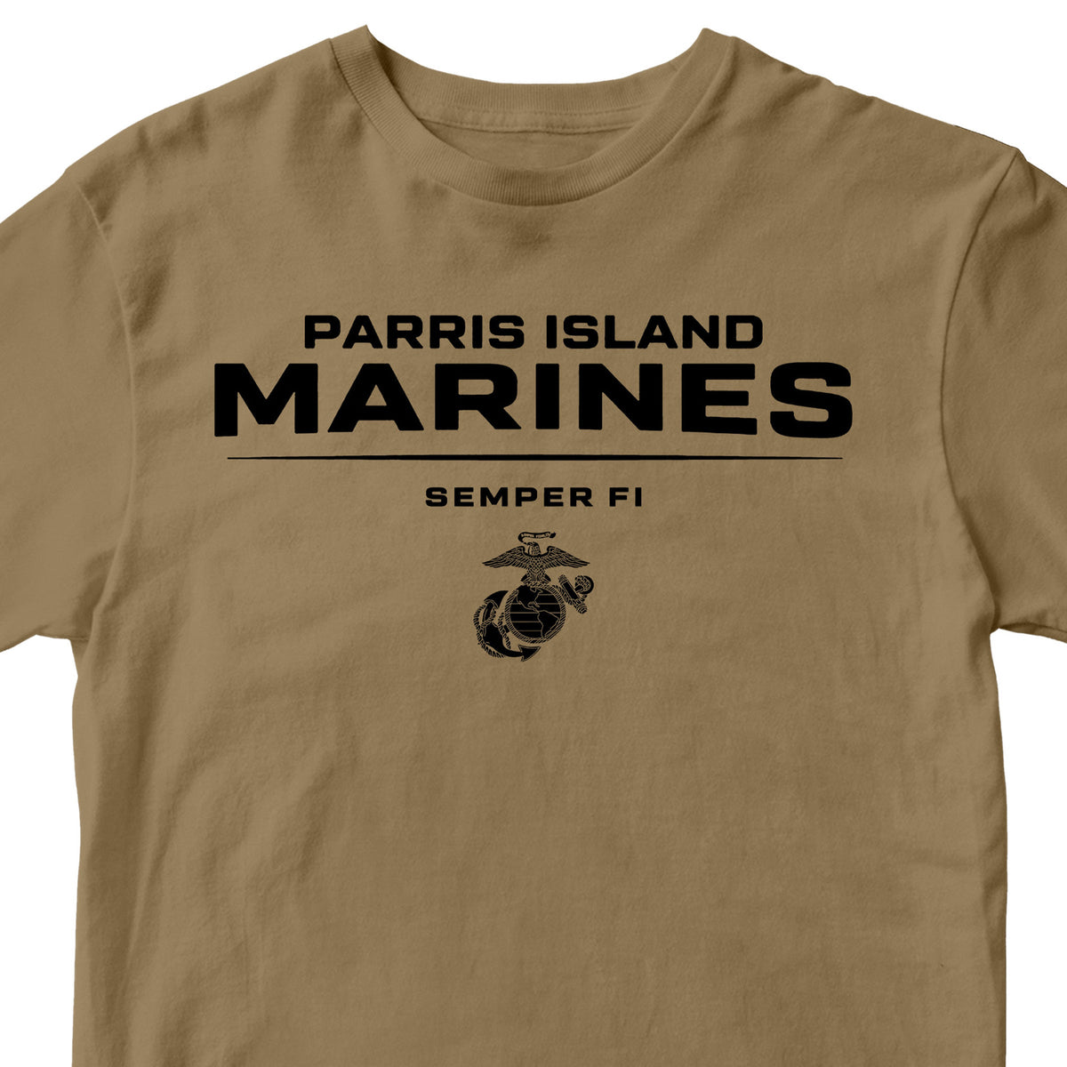 Khaki Parris Island Marines T-shirt with Eagle Globe and Anchor Marine Corps design. United States Marine Corps  Parris Island Tee
