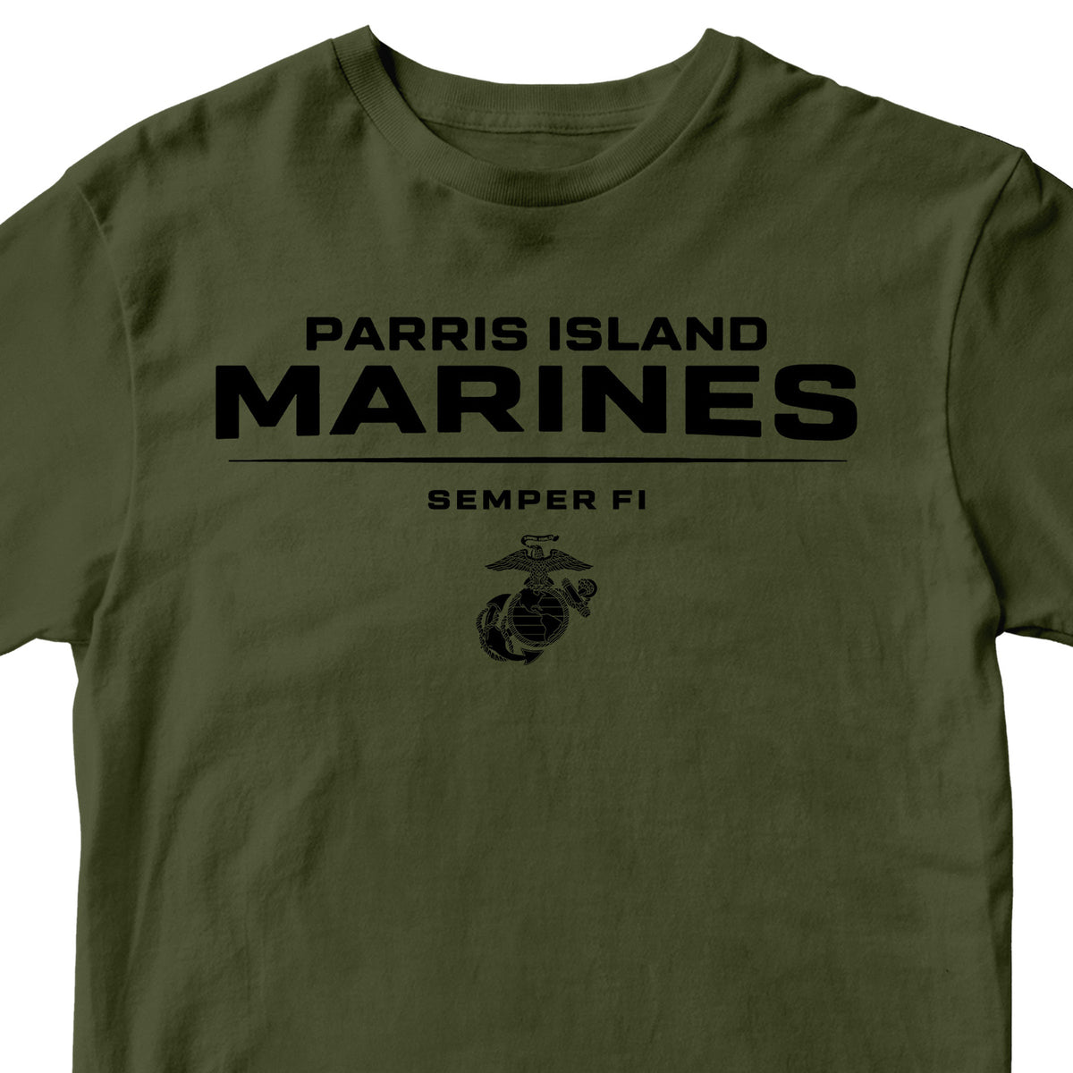 Green Parris Island Marines T-shirt with Eagle Globe and Anchor Marine Corps design. United States Marine Corps  Parris Island Tee
