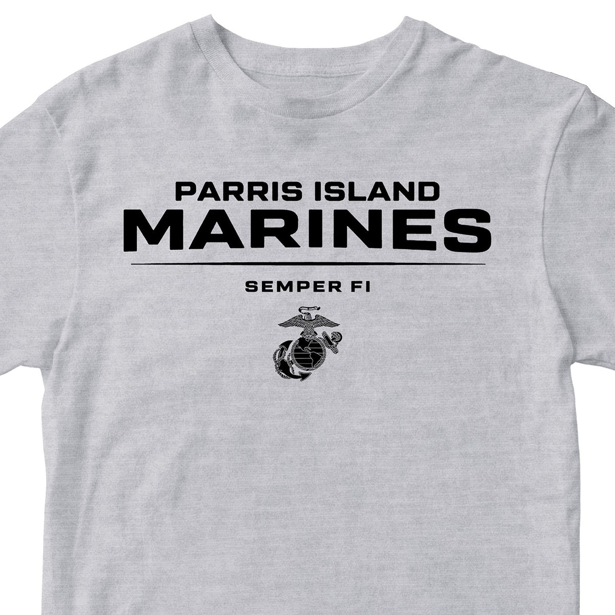 Gray Parris Island Marines T-shirt with Eagle Globe and Anchor Marine Corps design. United States Marine Corps  Parris Island Tee