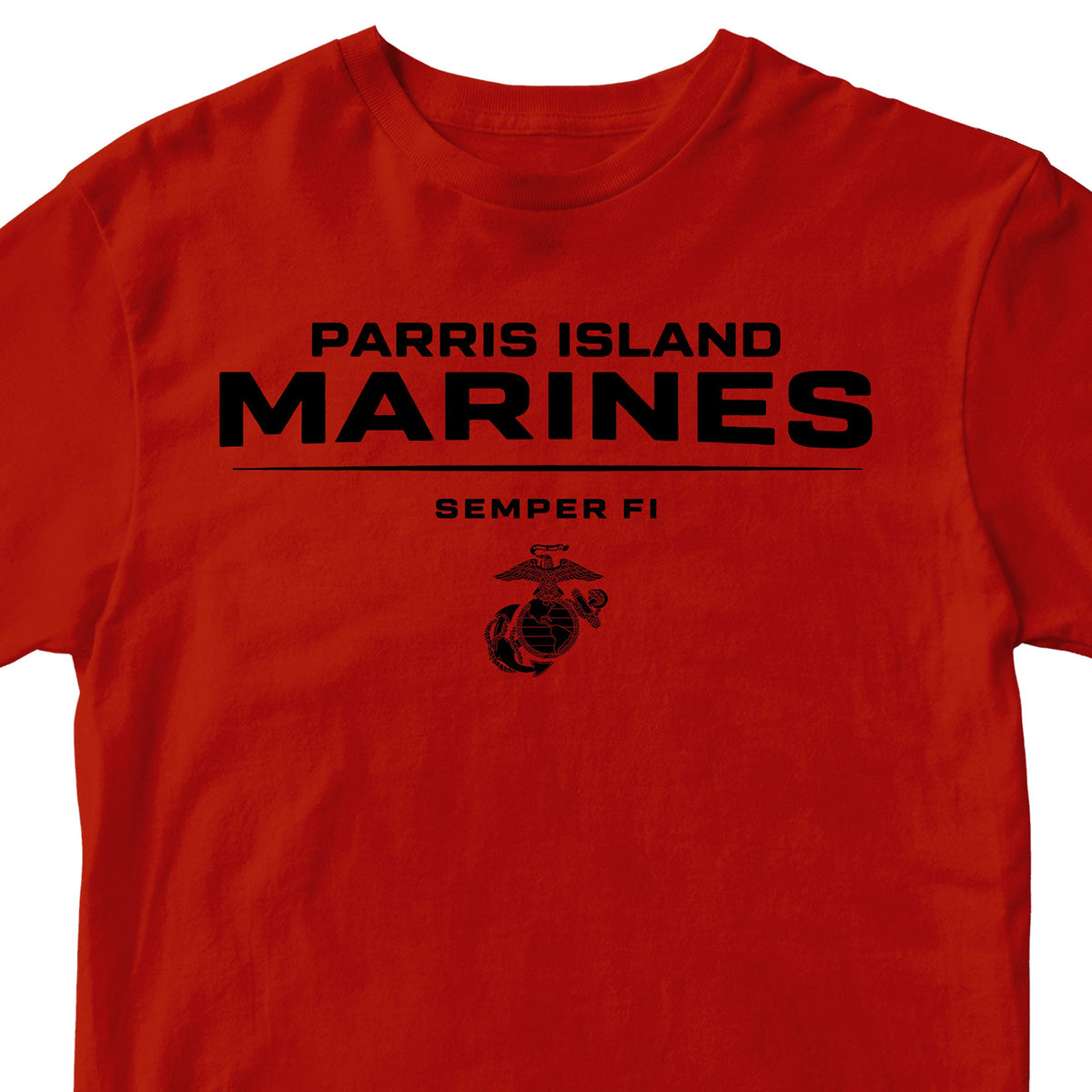 Red Parris Island Marines T-shirt with Eagle Globe and Anchor Marine Corps design. United States Marine Corps  Parris Island Tee