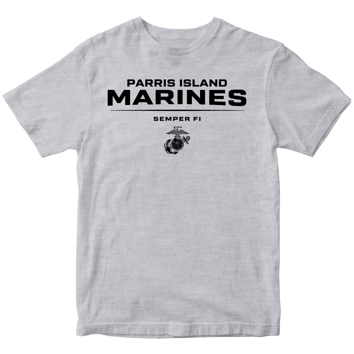 Grey Parris Island Marines T-shirt with Eagle Globe and Anchor Marine Corps design. United States Marine Corps  Parris Island Tee
