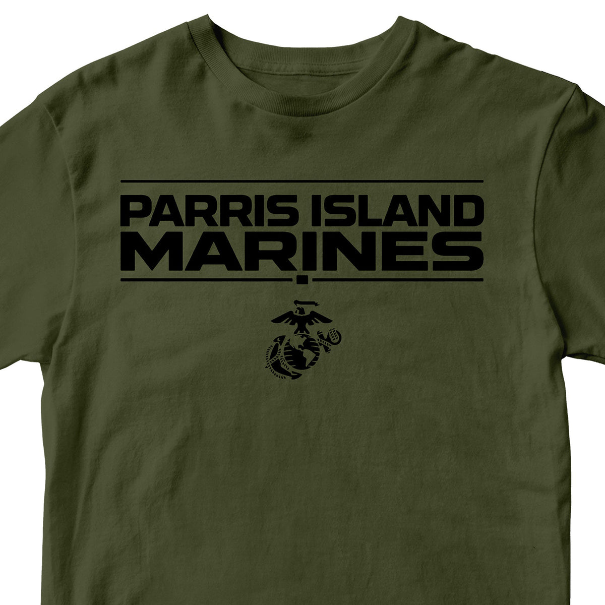 Green MCRD Parris Island Marines T-shirt with Eagle Globe and Anchor Marine Corps design. United States Marine Corps  Parris Island Tee
